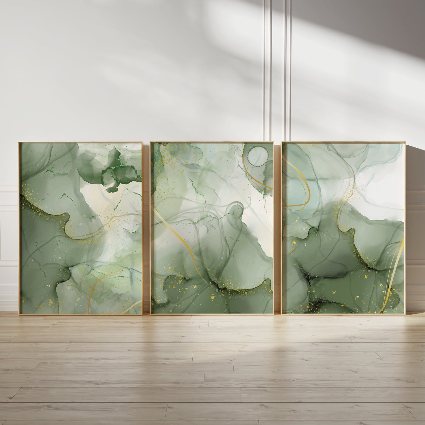 Set of 3 Green & Gold Marble Wall Prints