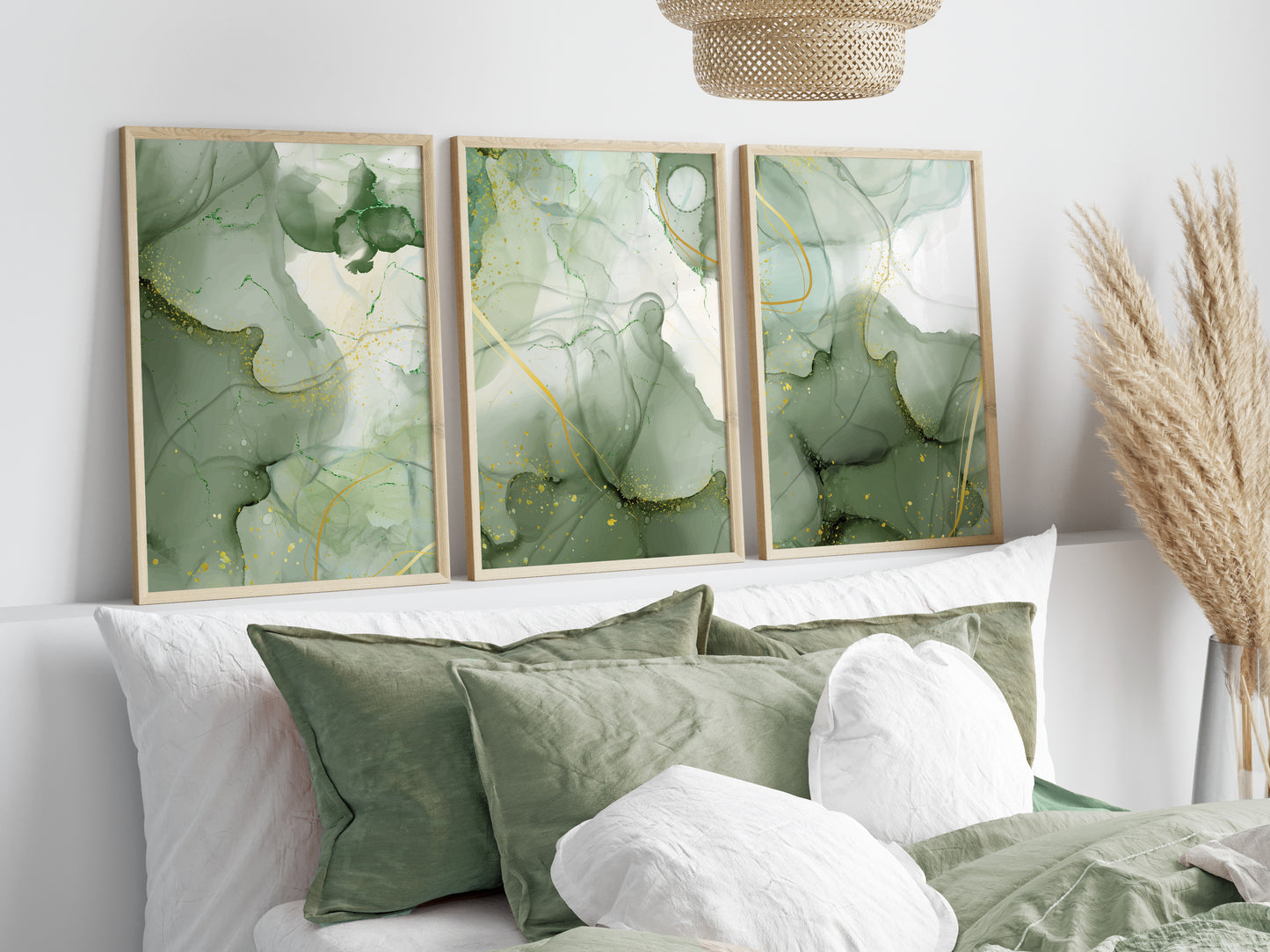 Set of 3 Green & Gold Marble Wall Prints