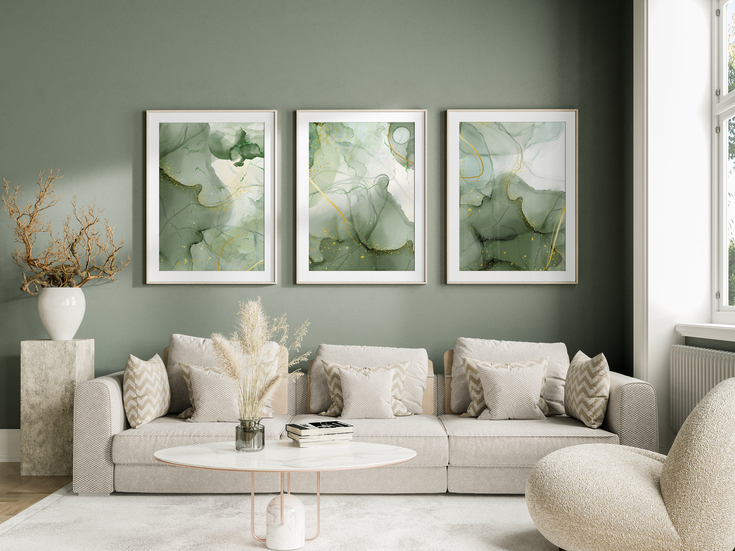 Set of 3 Green & Gold Marble Wall Prints
