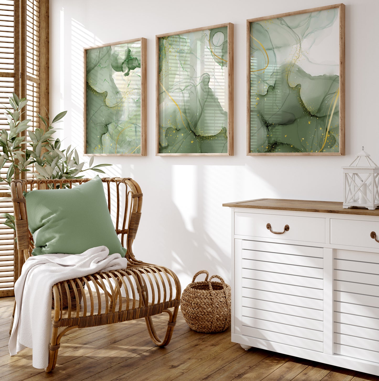 Set of 3 Green & Gold Marble Wall Prints