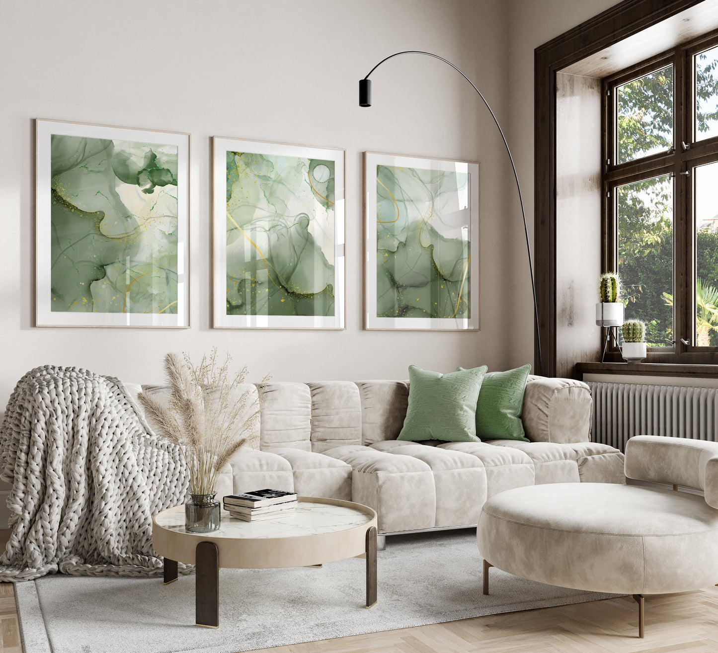 Set of 3 Green & Gold Marble Wall Prints