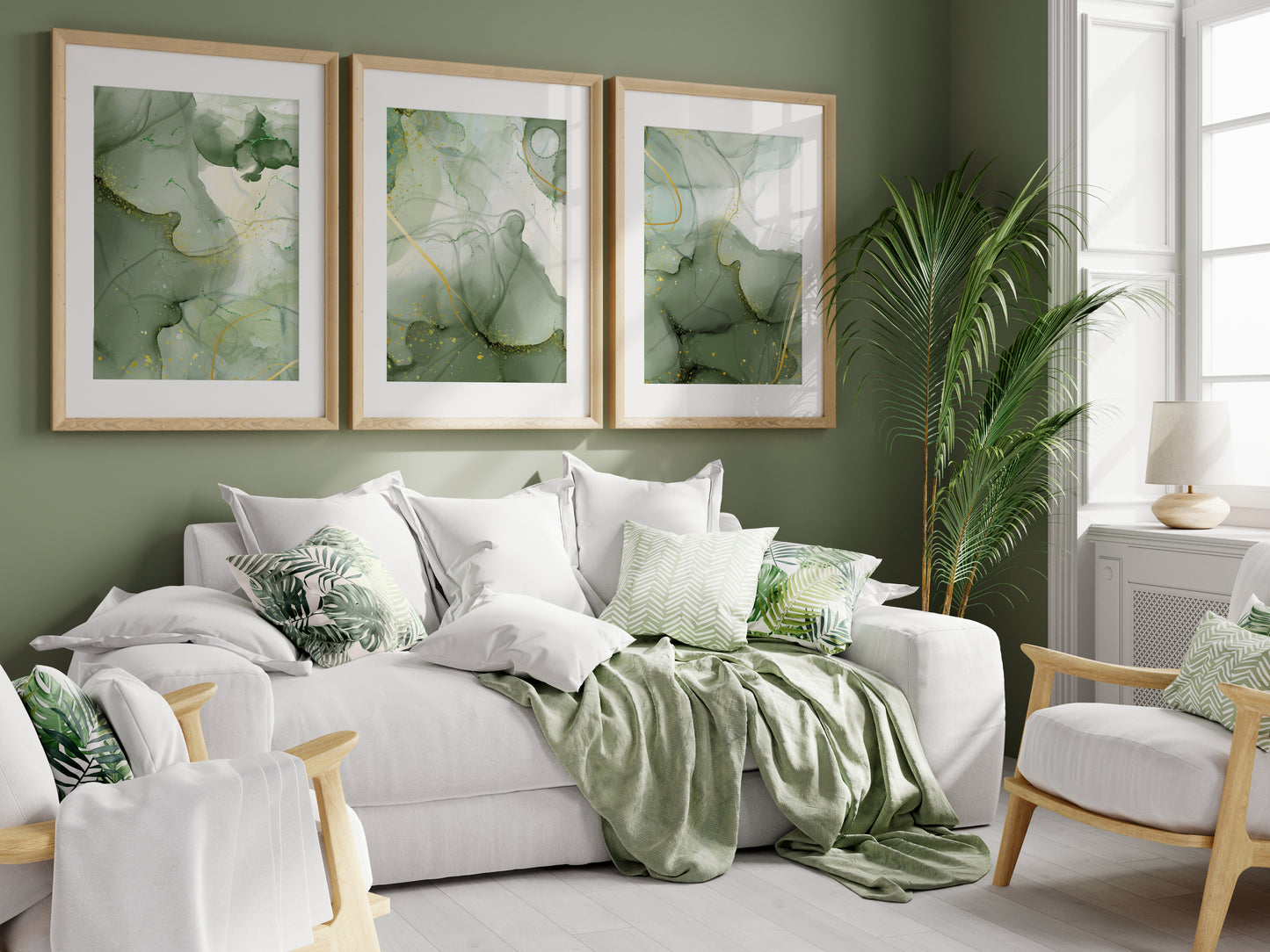 Set of 3 Green & Gold Marble Wall Prints