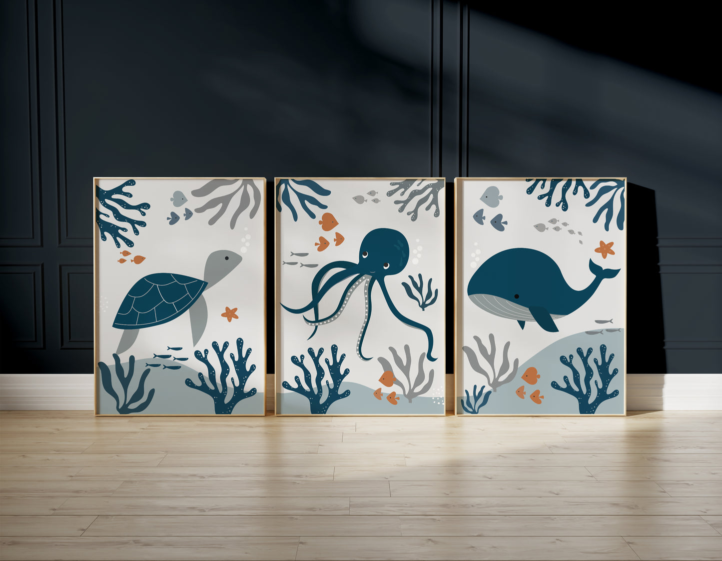 Set of 3 Navy & Grey Ocean Nursery Wall Prints