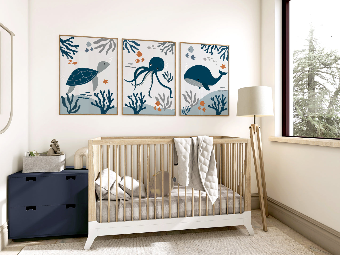 Set of 3 Navy & Grey Ocean Nursery Wall Prints