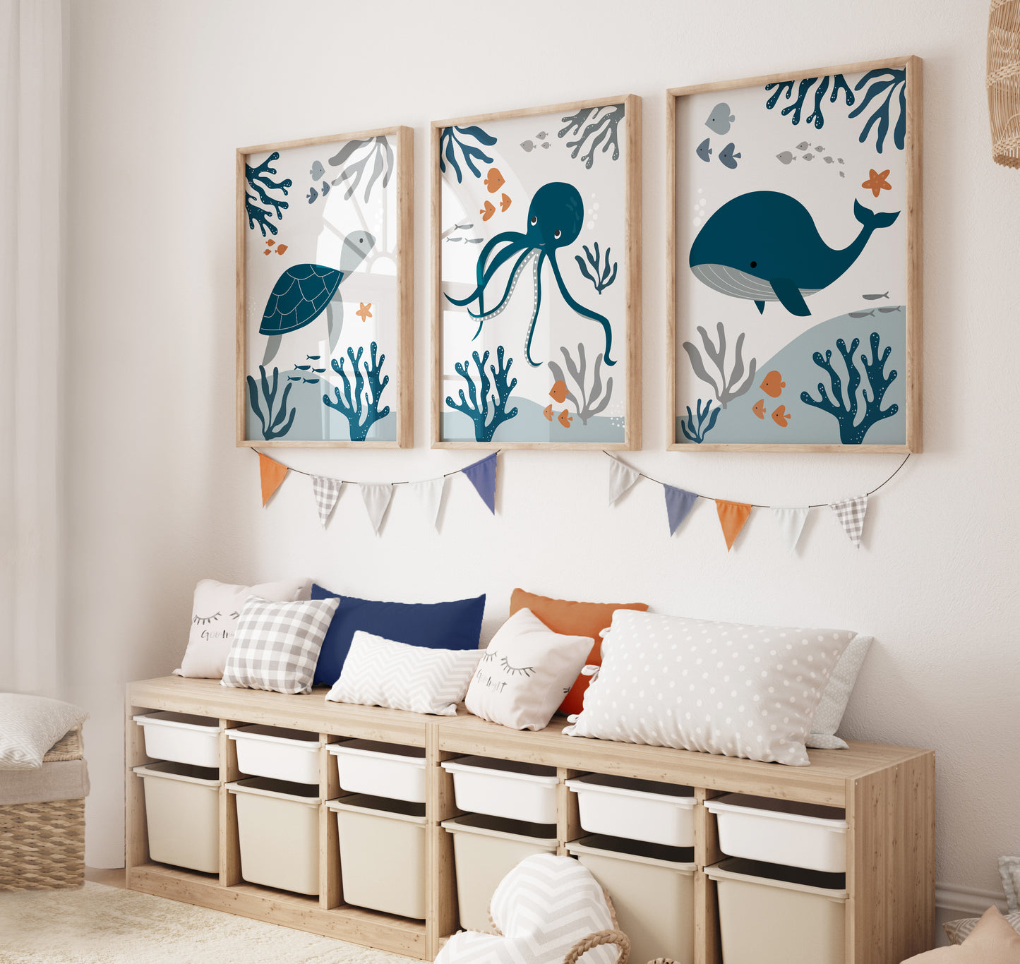 Set of 3 Navy & Grey Ocean Nursery Wall Prints