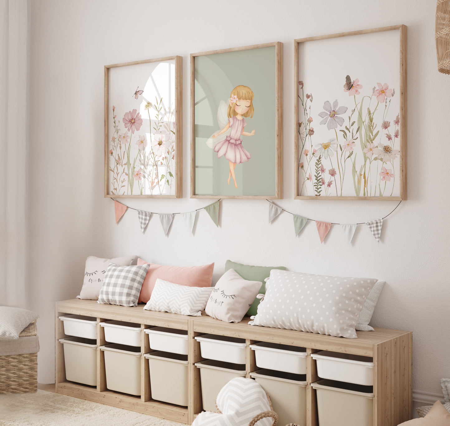 Set of 3 Girls Green Fairy Bedroom Wall Art Prints
