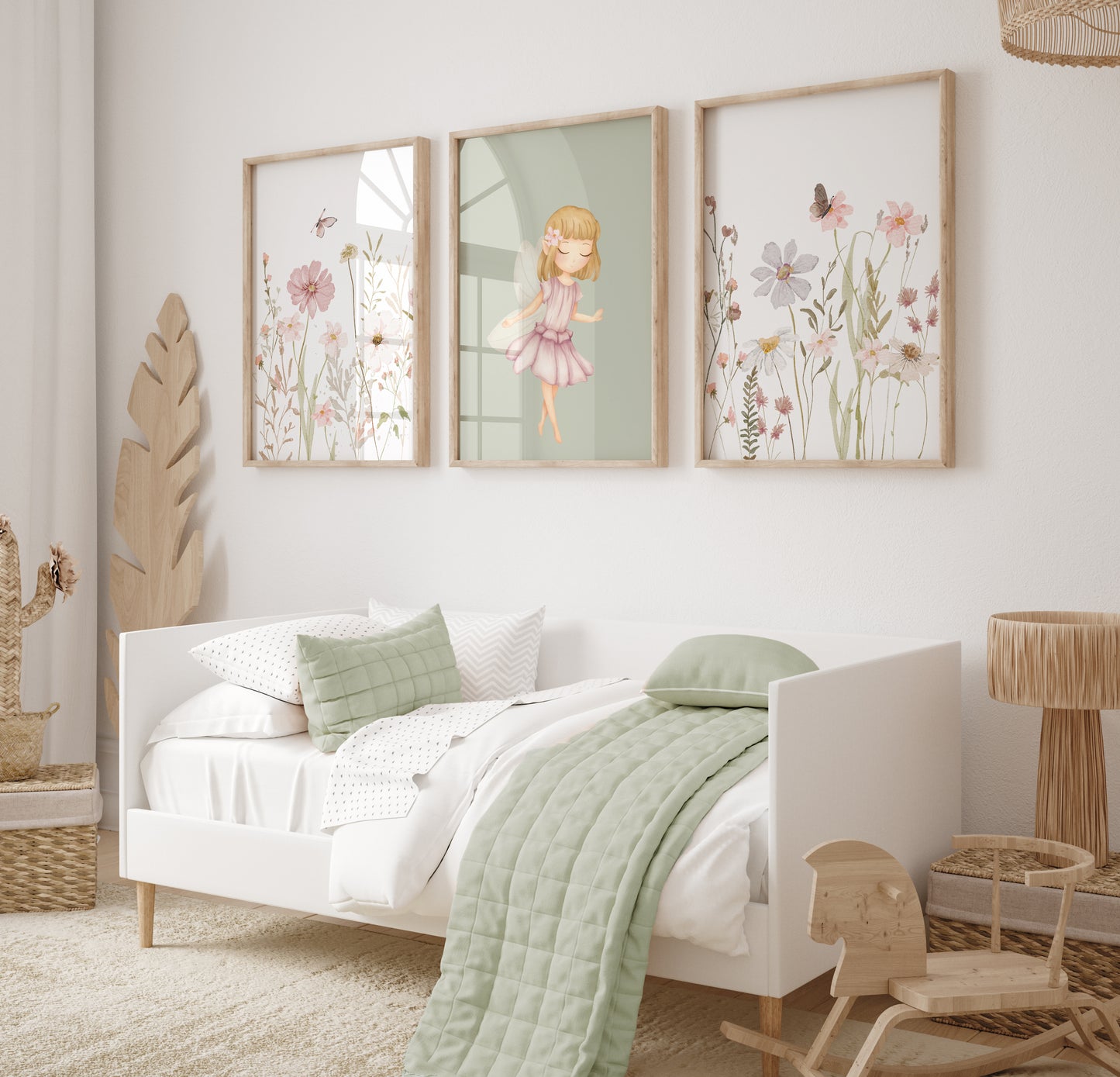 Set of 3 Girls Green Fairy Bedroom Wall Art Prints