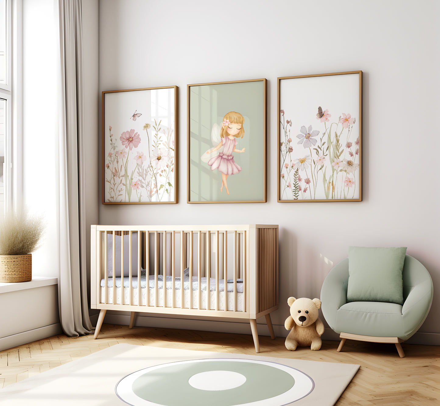 Set of 3 Girls Green Fairy Bedroom Wall Art Prints
