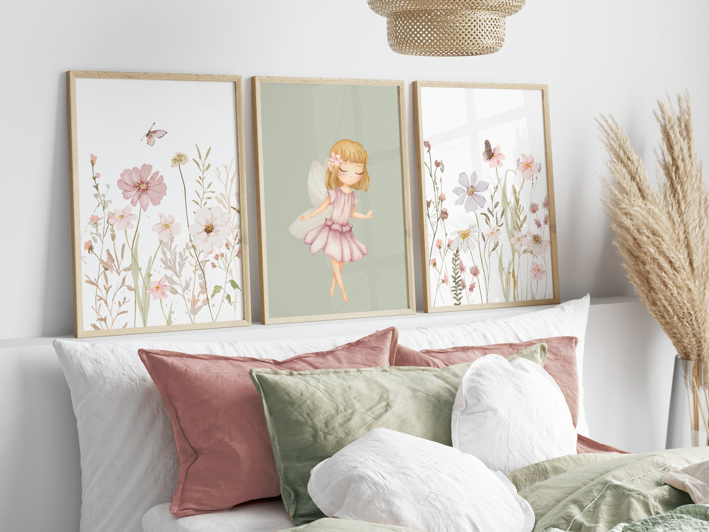 Set of 3 Girls Green Fairy Bedroom Wall Art Prints