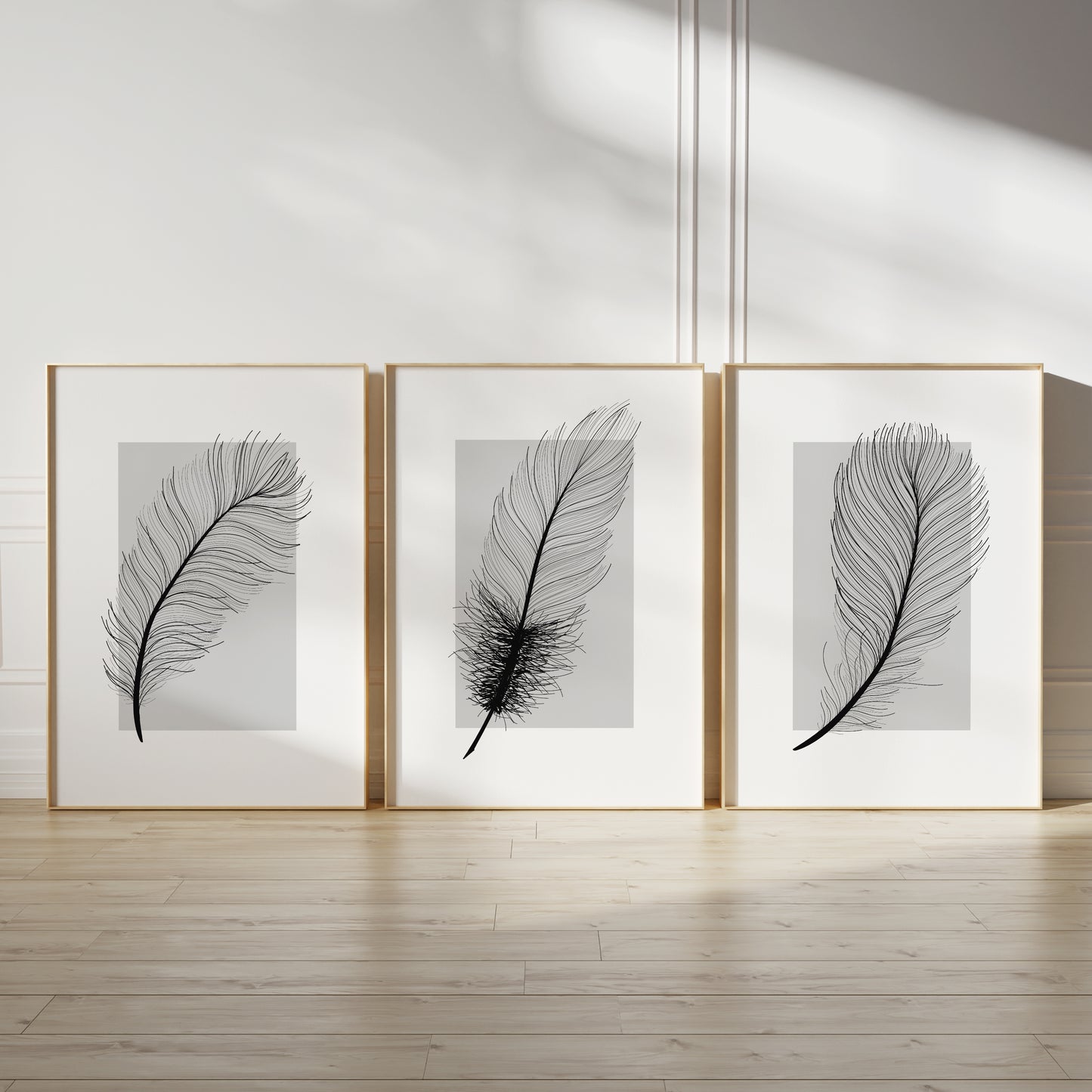 Set of 3 Grey Feather Wall Prints