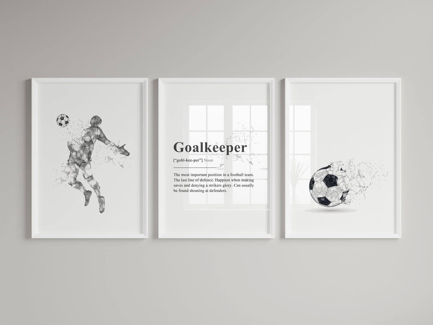 Set of 3 Black & Grey Abstract Goalkeeper Wall Art Prints