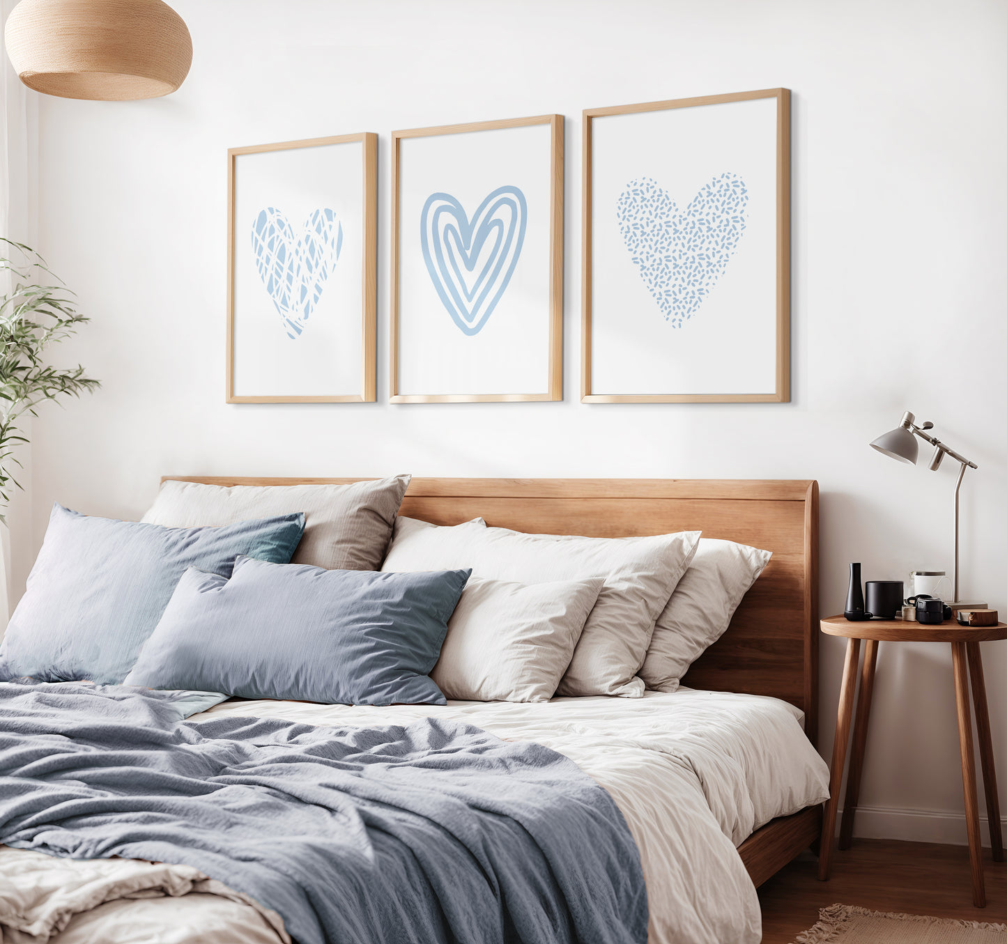 Set of 3 Light Blue Love Heart Wall Prints