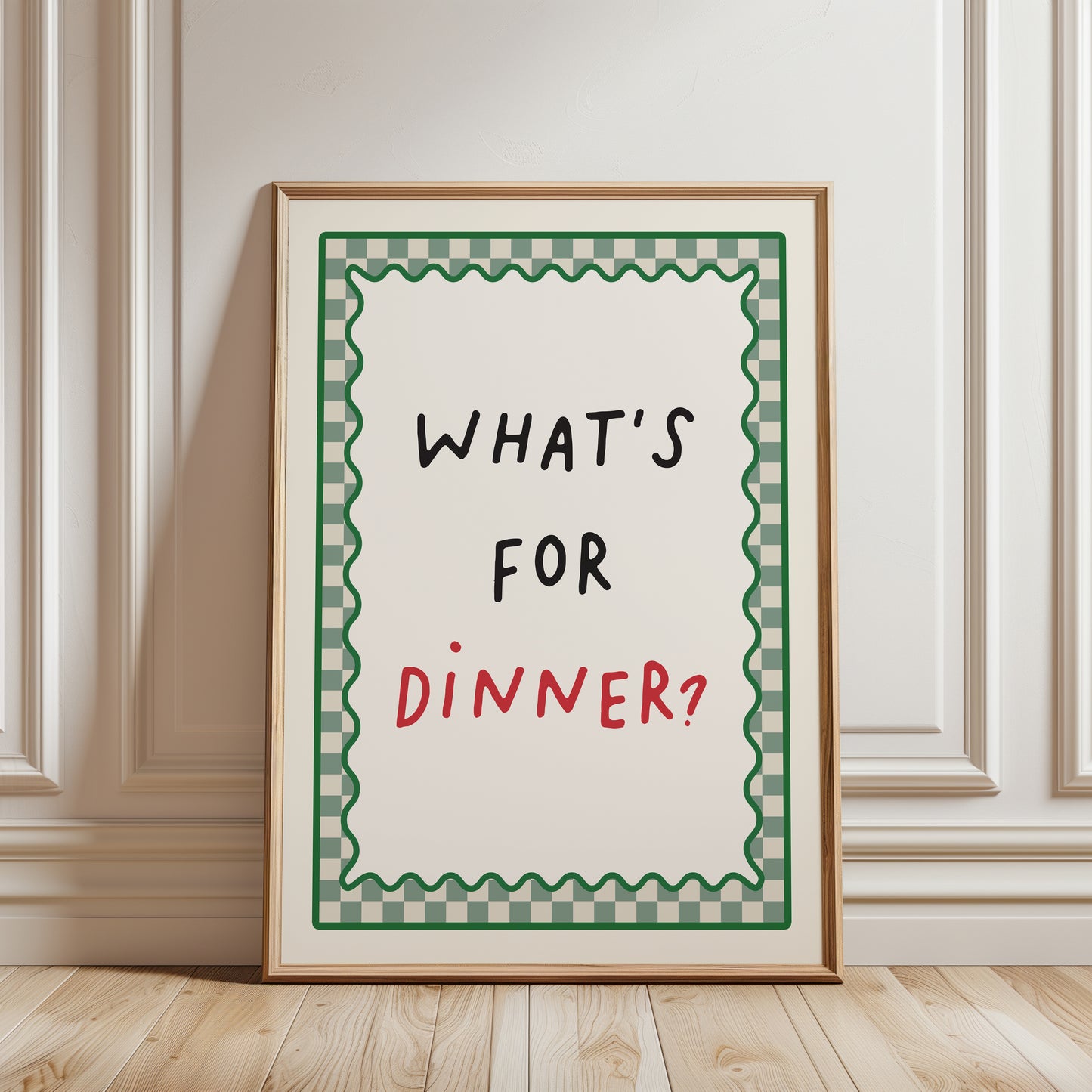Sage green kitchen wall art print with typography reading "HATS FOR DINNER?"