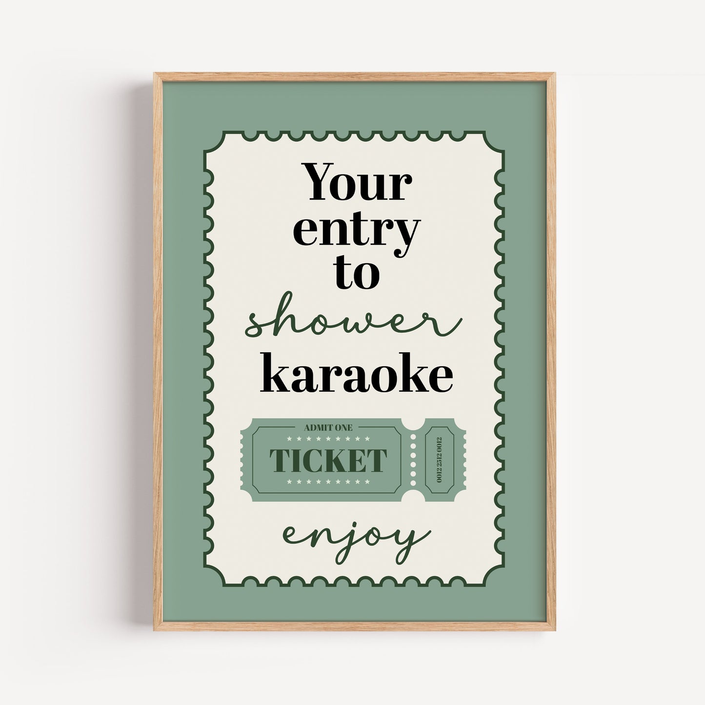 green bathroom print, shower karaoke