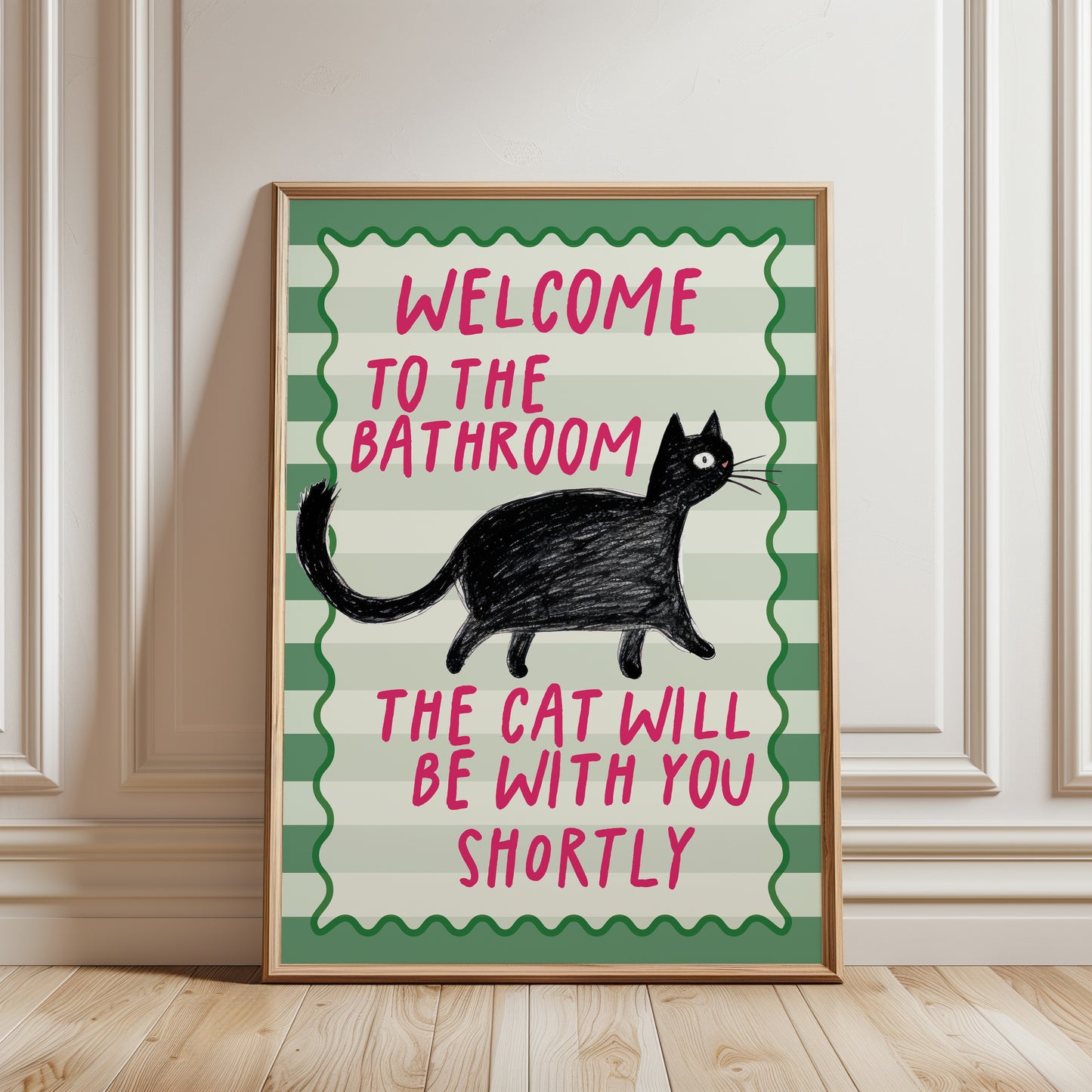 Sage green funny bathroom cat wall art print featuring a black cat and the quote "Welcome to the Bathroom, the Cat Will Be With You Shortly".