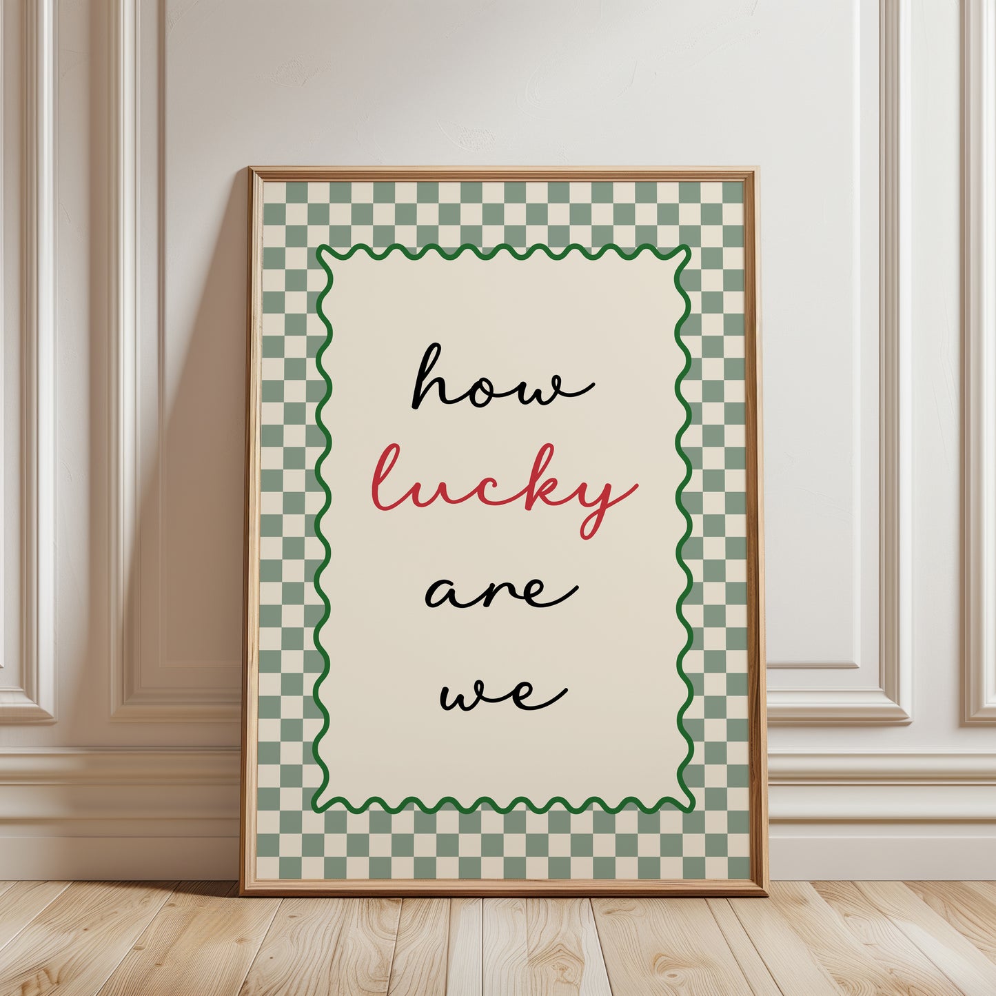 Couples wall art print with quote "HOW LUCKY ARE WE" ideal hallway decor in sage green