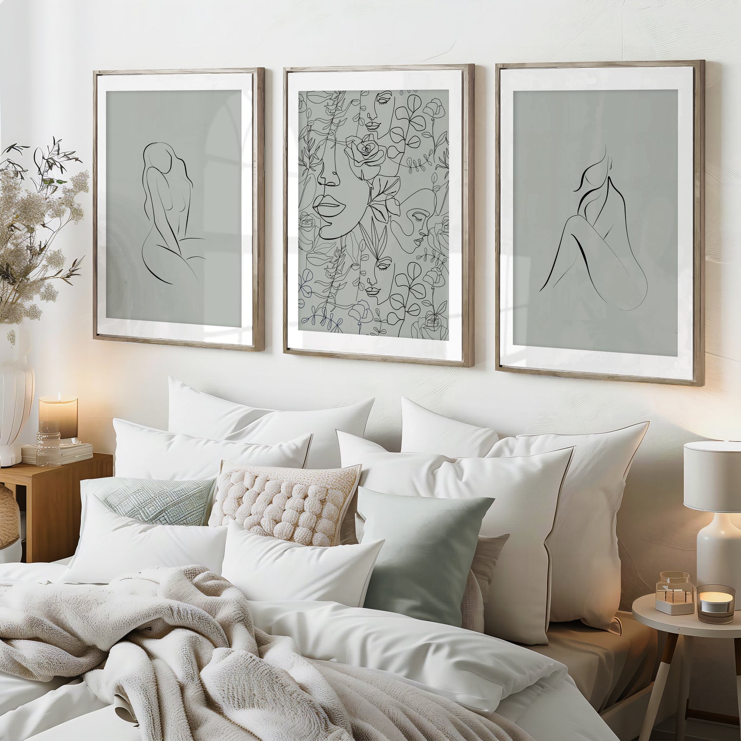 set of 3 sage green bedroom wall art prints with abstract women line art
