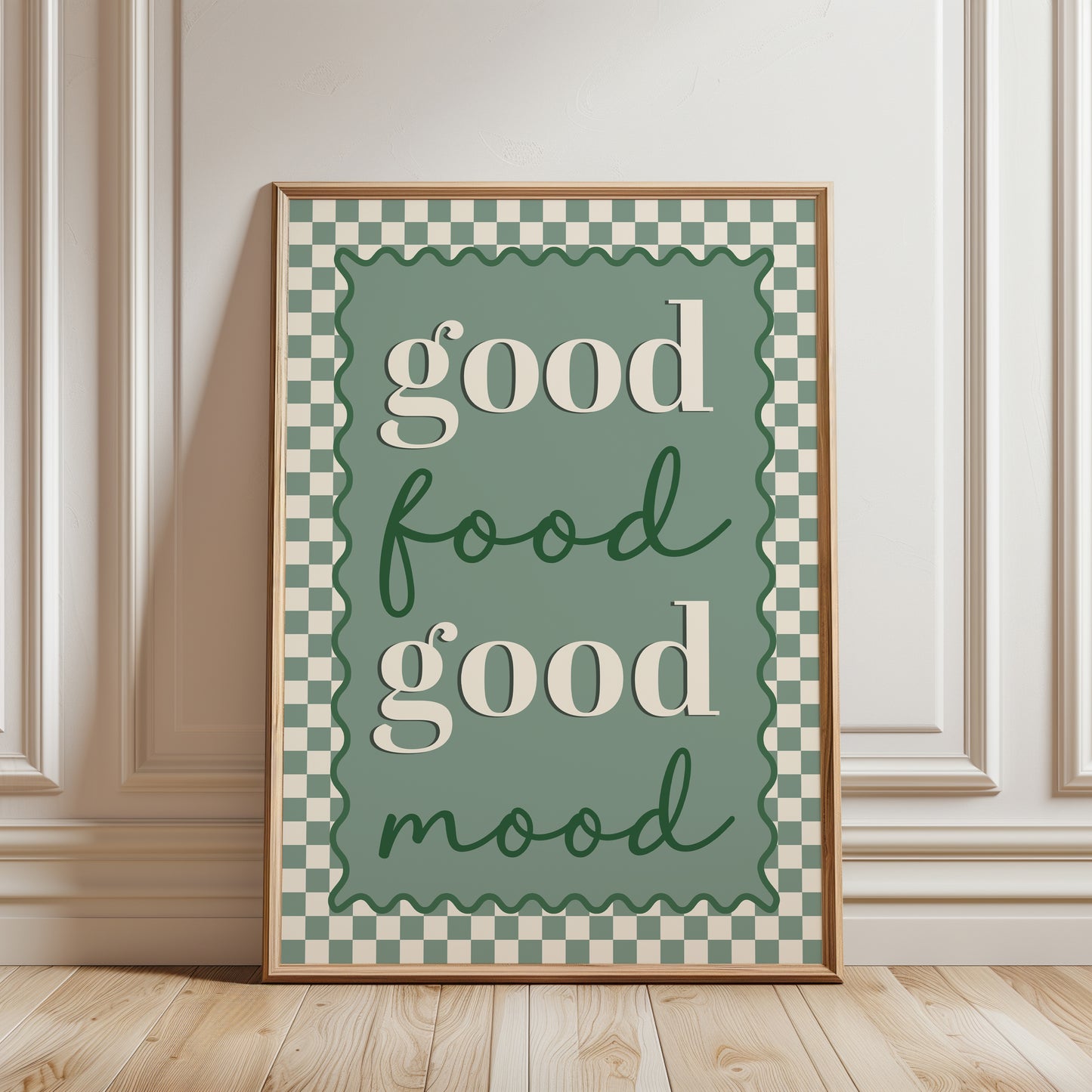 sage green kitchen print with quote good food good mood