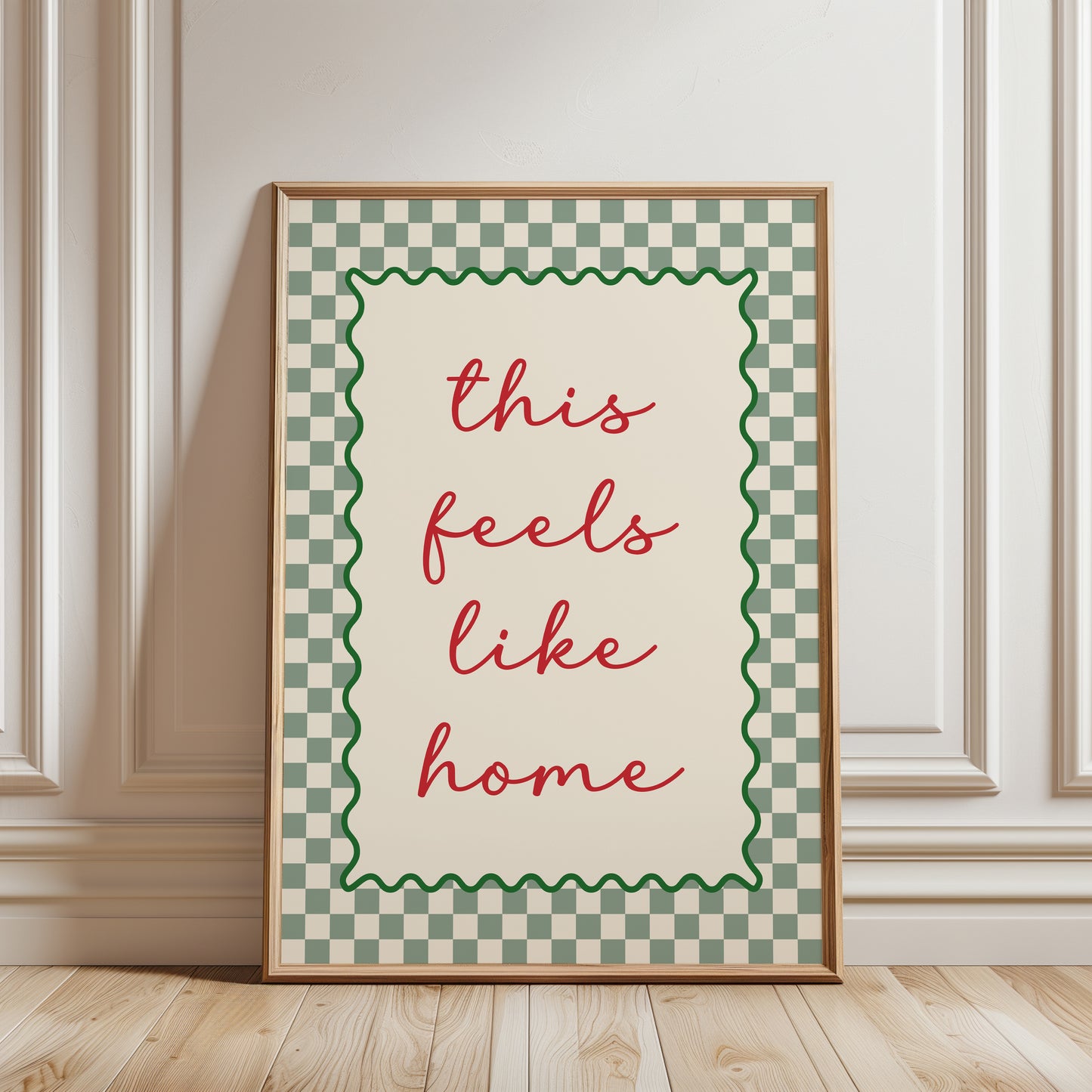 Modern hallway gallery wall art print with quote "this feels like home" in sage with a chequered border