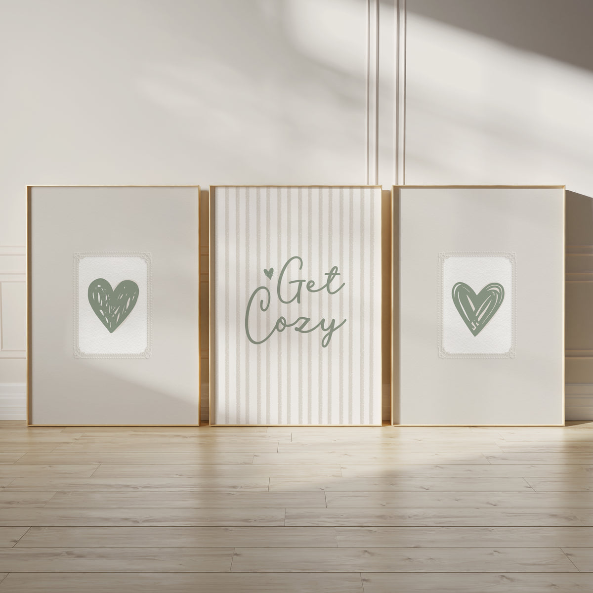 Set of 3 Sage Green Bedroom Prints, Get Cozy
