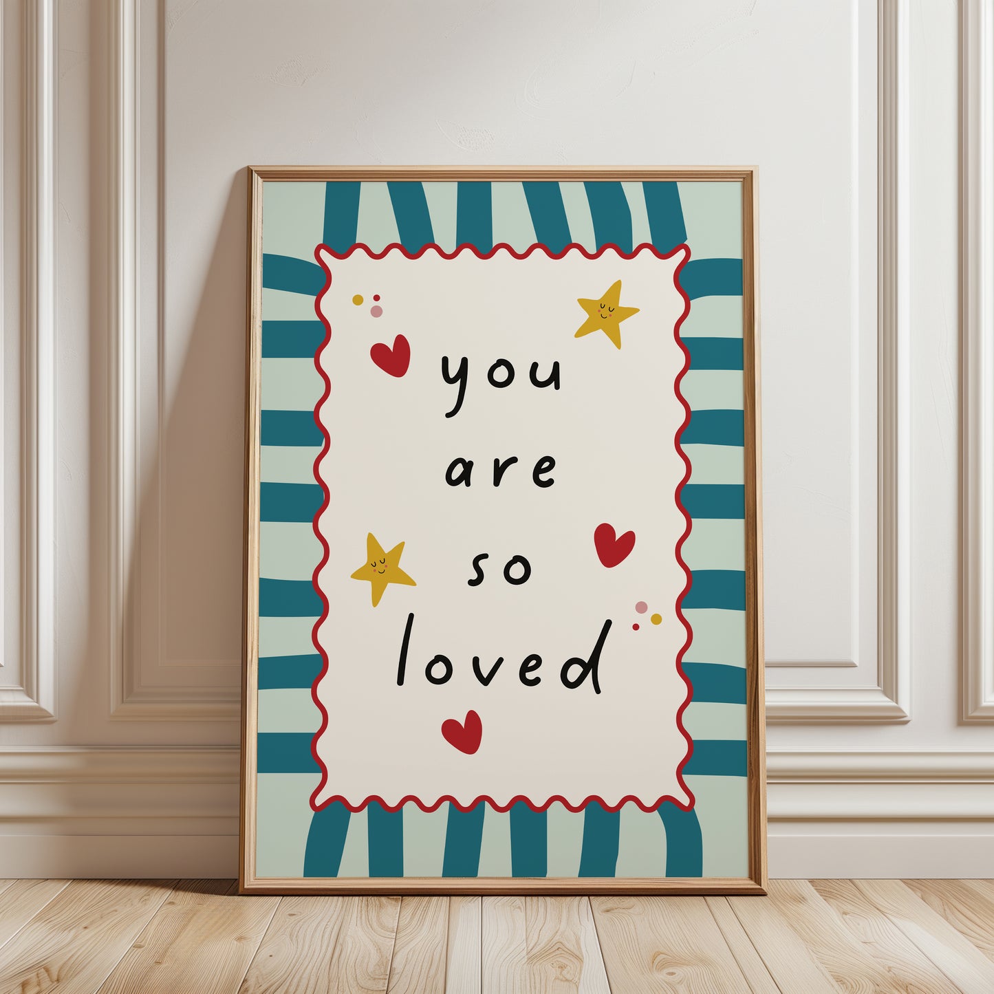You are so loved, nursery quote print, with trendy striped background in teal blue and aqua