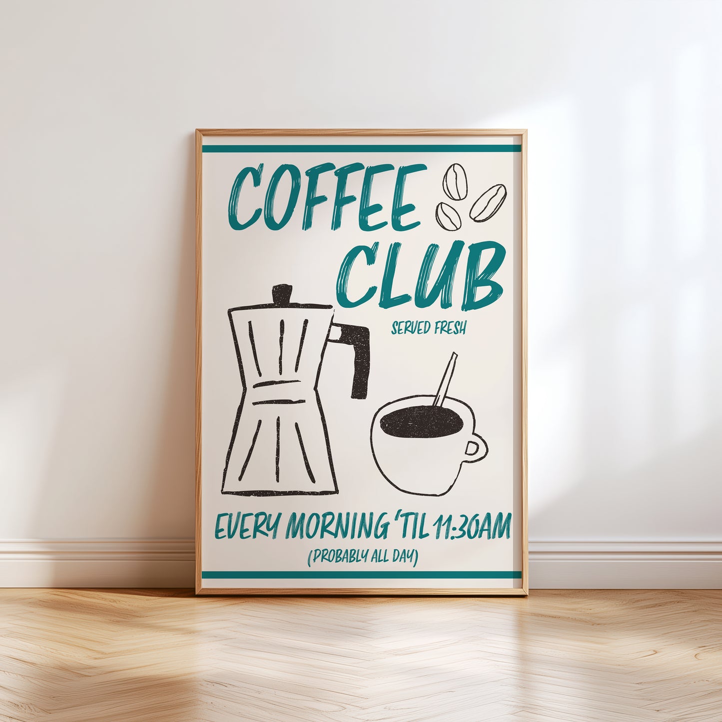 teal coffee club kitchen print