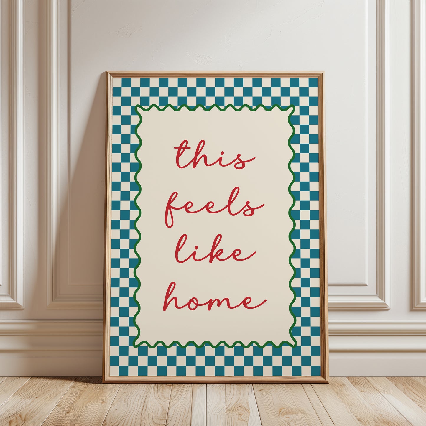funky hallway gallery wall art print with quote "this feels like home" in teal with a chequered border