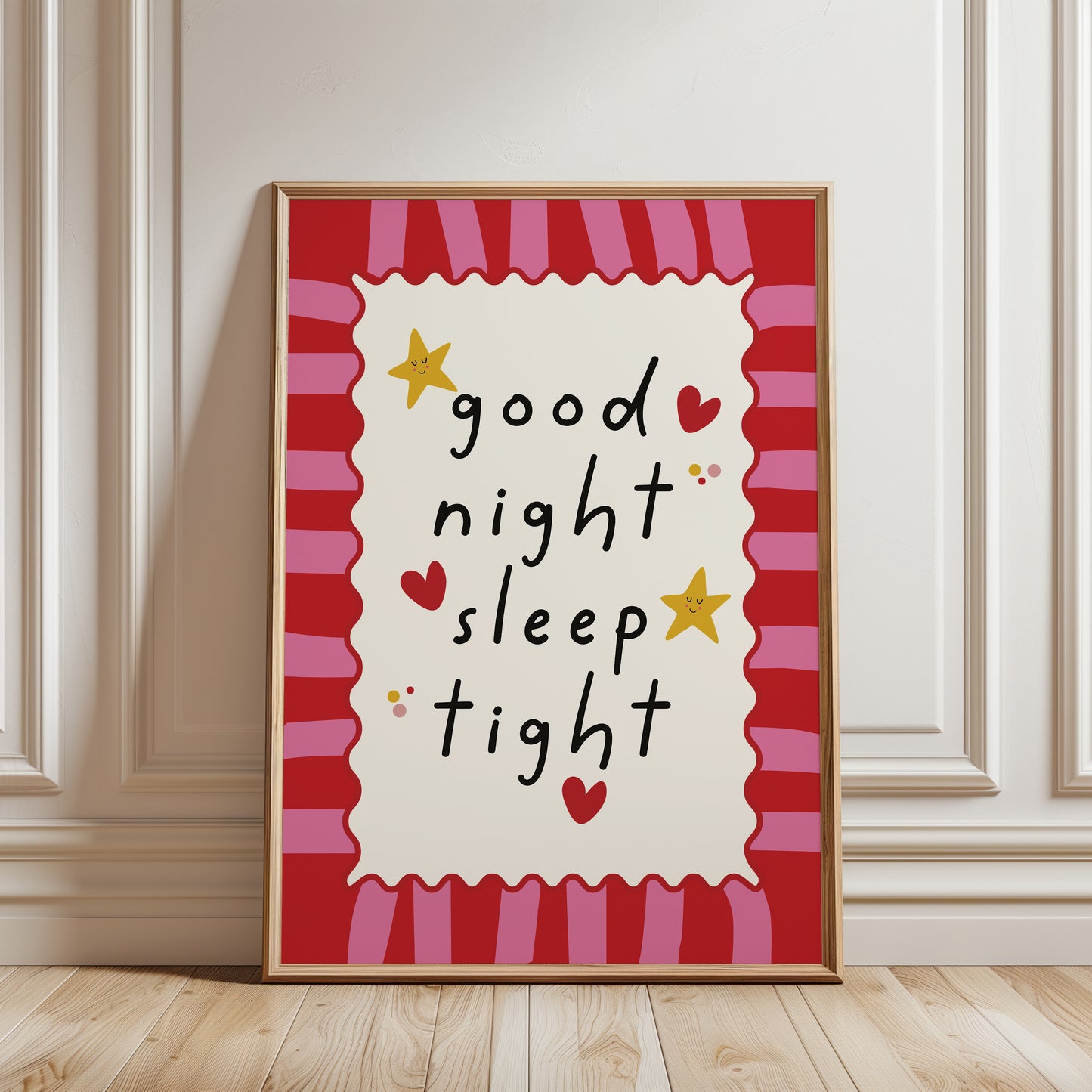 Nursery print with quote "good night sleep tight" with a striped background in pink and red