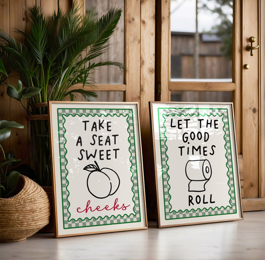 set of 2 bathroom prints in sage green with funny quotes