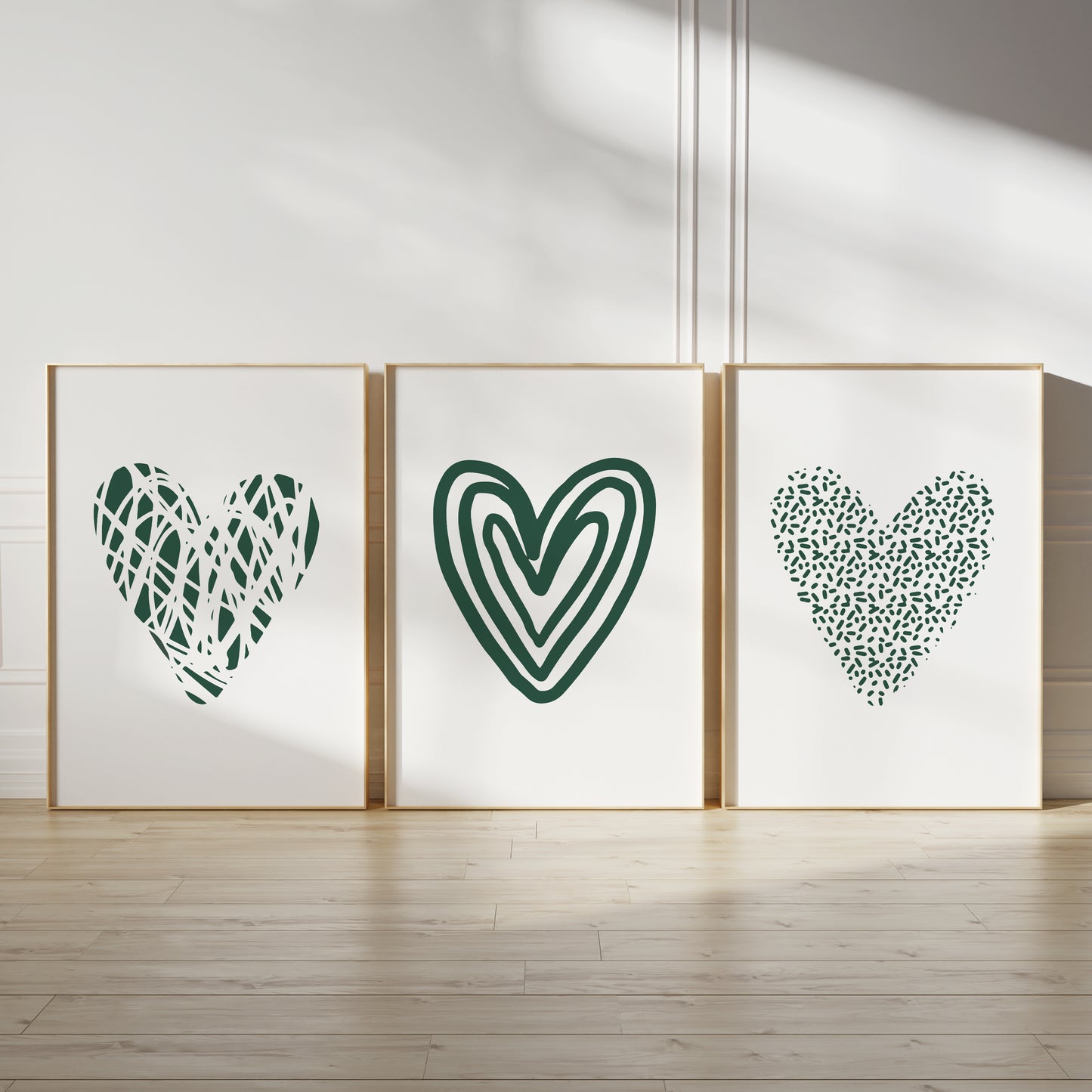 Set of 3 Love Heart Bedroom Prints, Emerald Green