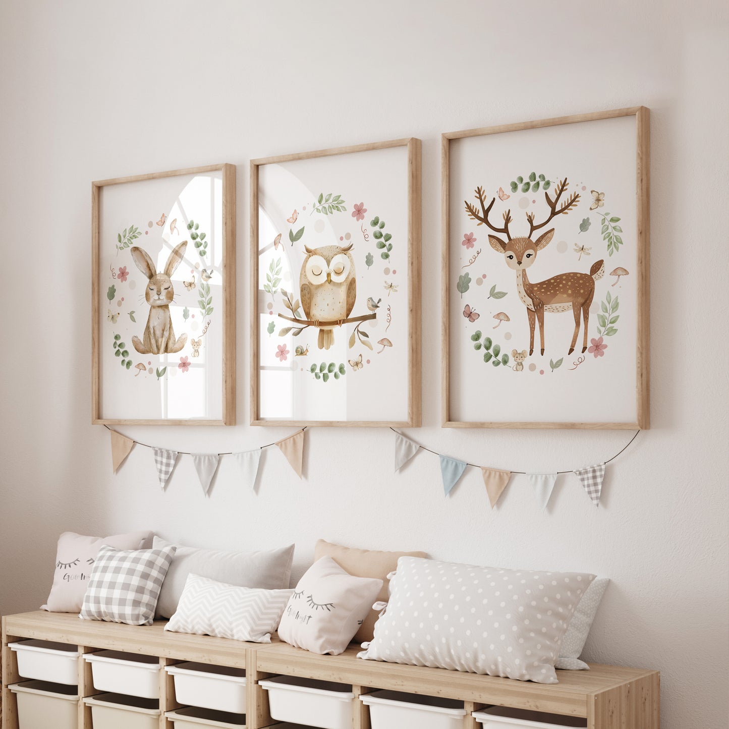 set of 3 nursery prints, woodland animals in neutral shades