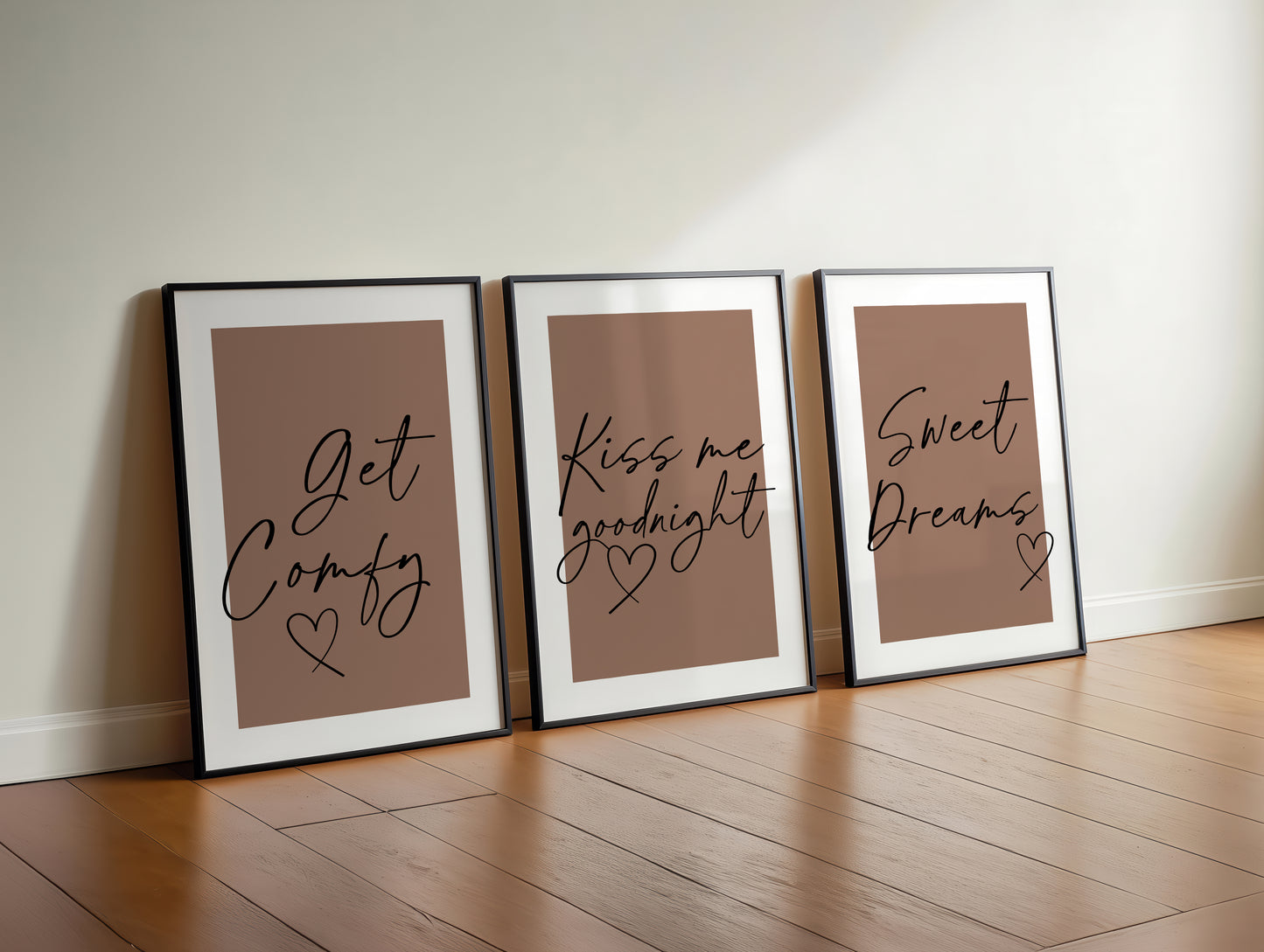 Set of 3 mocha mousse bedroom prints with bedtime quotes, get comfy, sweet dreams and kiss me goodnight