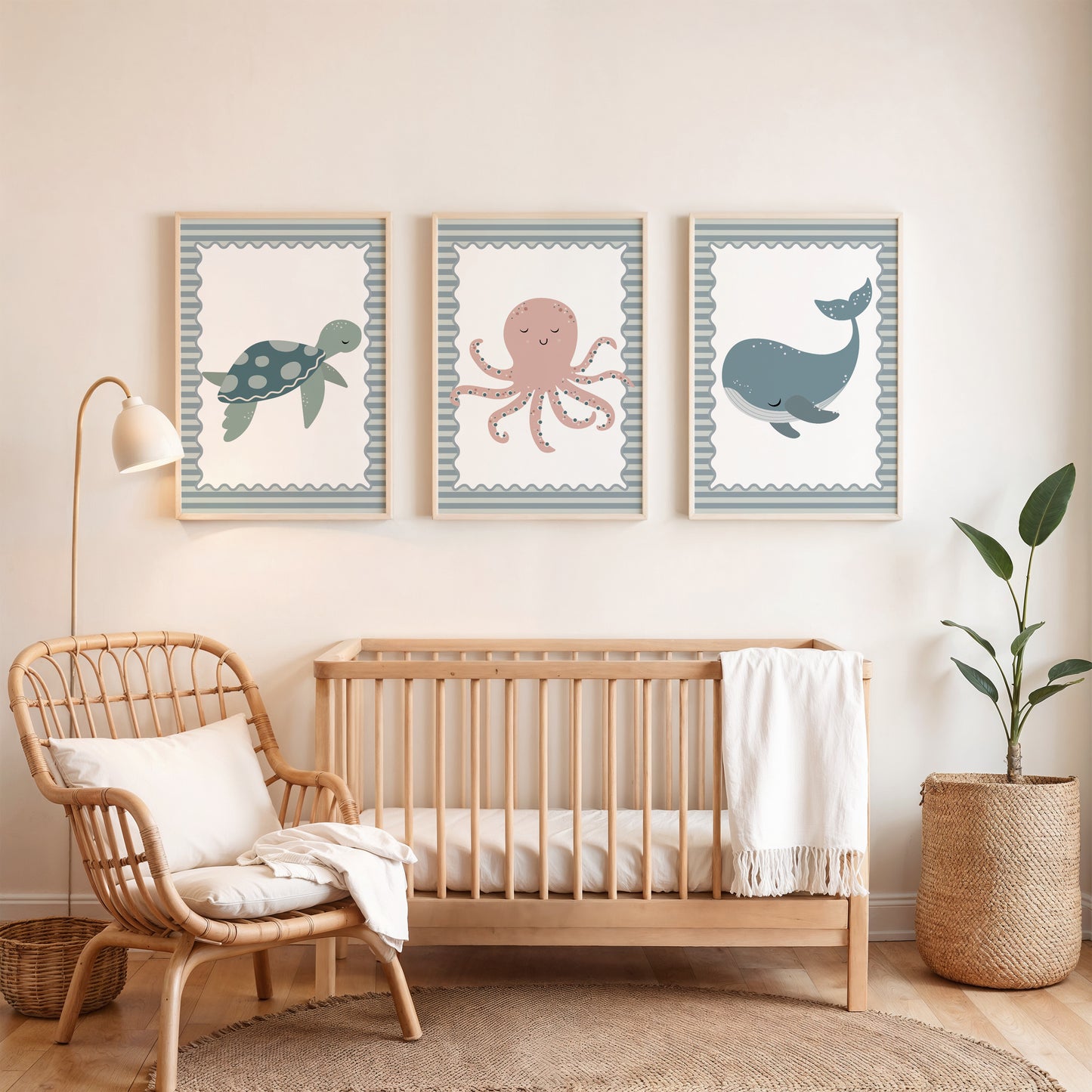 Nursery wall art set with sea creatures, turtle, octopus and whale