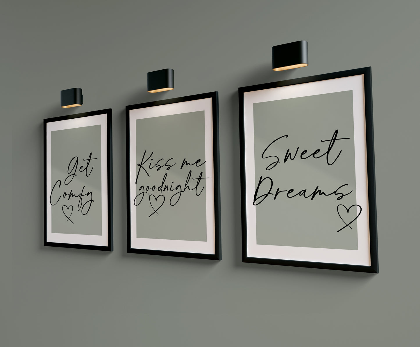 Set of 3 sage green bedroom prints with bedtime quotes, get comfy, sweet dreams and kiss me goodnight