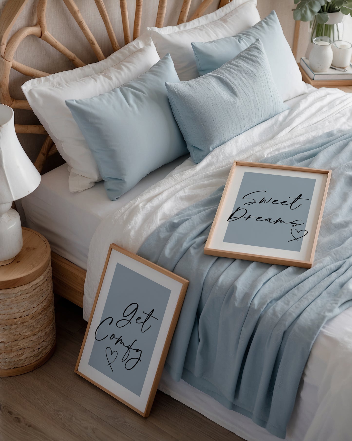 Set of 3 slate blue bedroom prints with bedtime quotes, get comfy, sweet dreams and kiss me goodnight