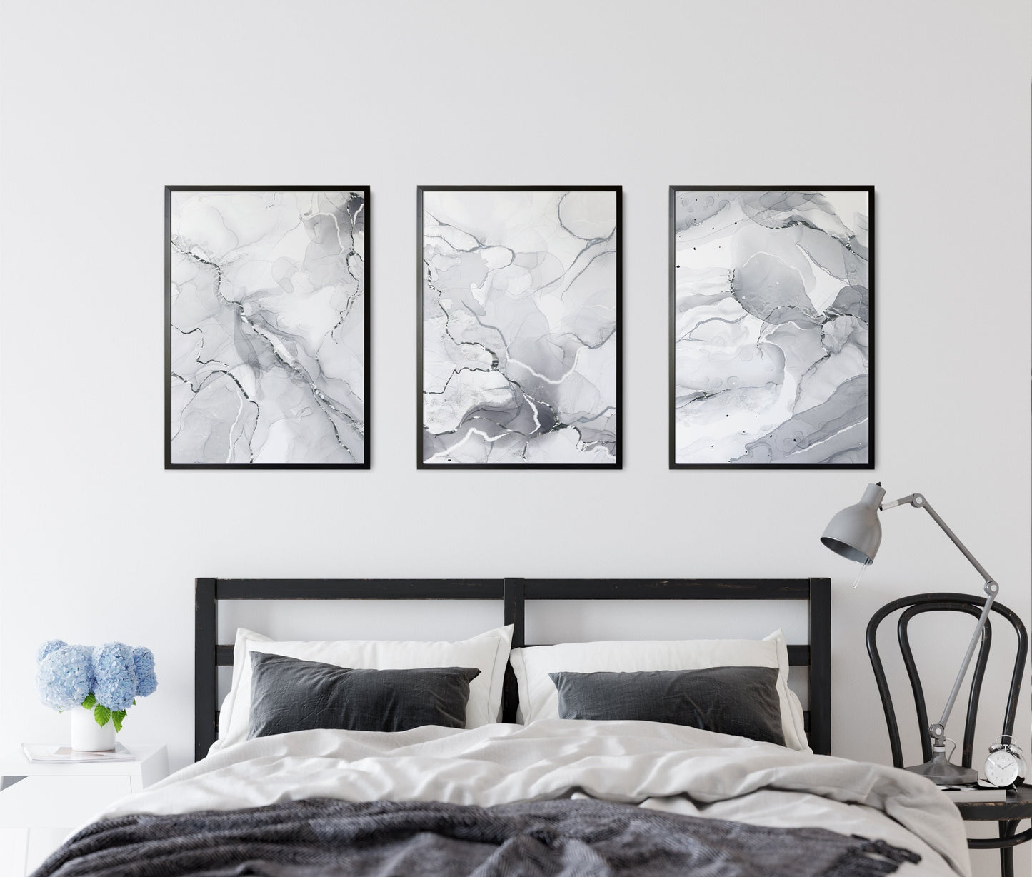 Set of 3 Grey & Silver Marble Wall Art Prints