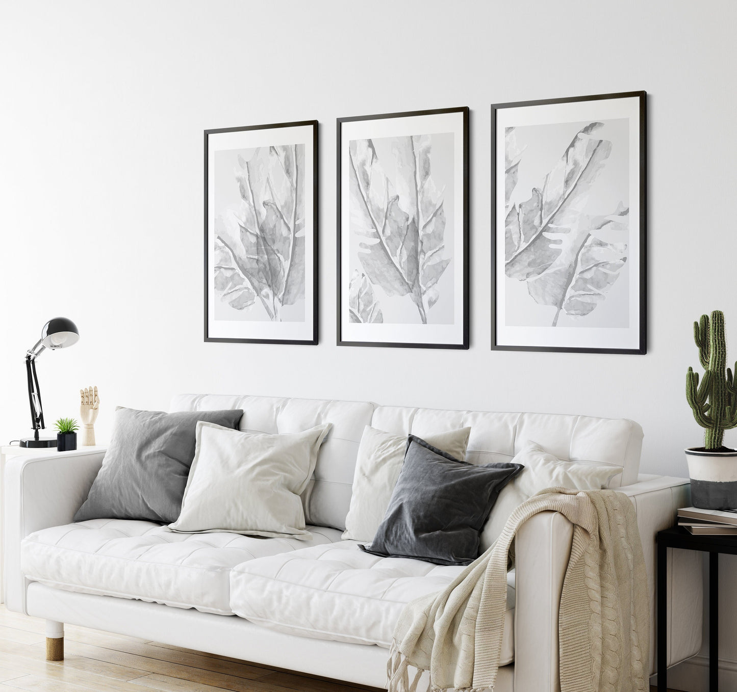 Set of 3 Light Grey Leaf Abstract Wall Art Prints