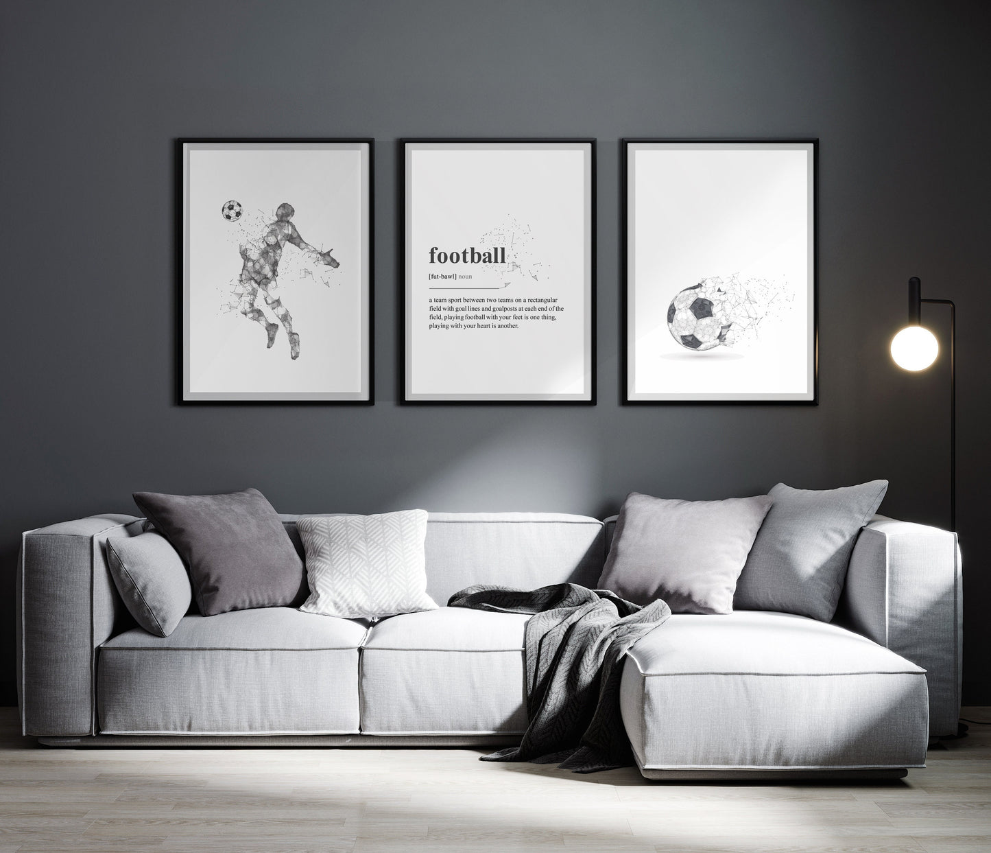 Set of 3 Black & Grey Abstract Football Wall Art Prints