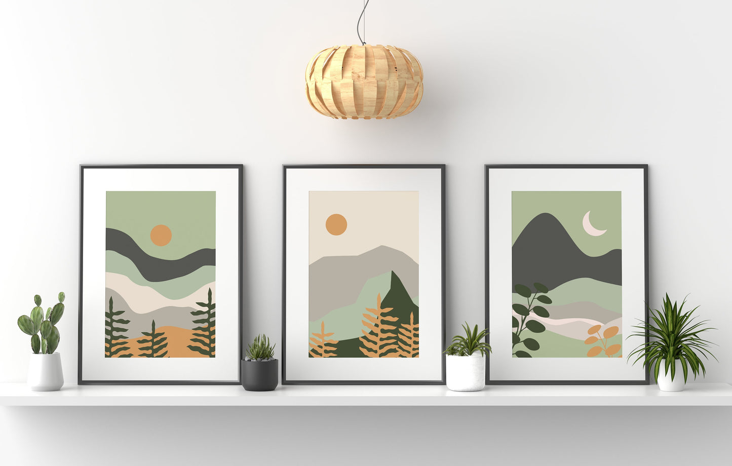 Set of 3 Green Boho Landscape Abstract Wall Art Prints