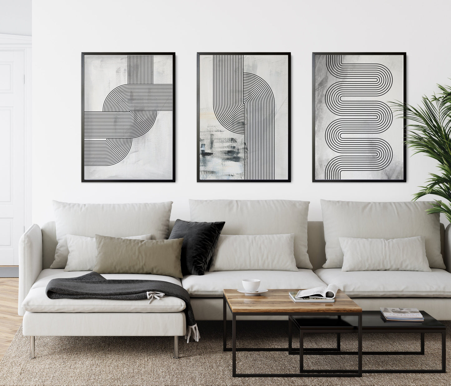 Set of 3 Grey & Black Retro Abstract Art