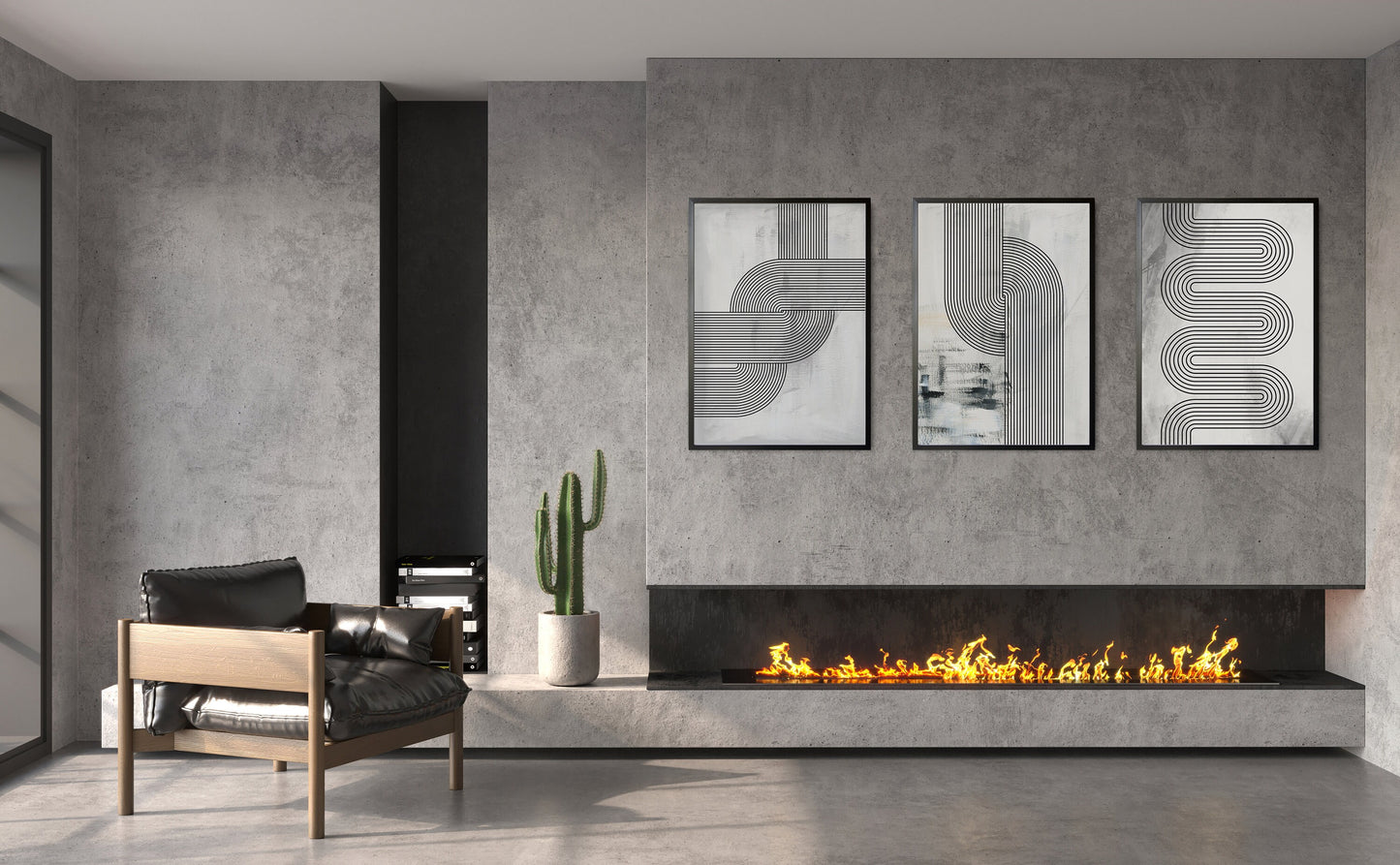Set of 3 Grey & Black Retro Abstract Art