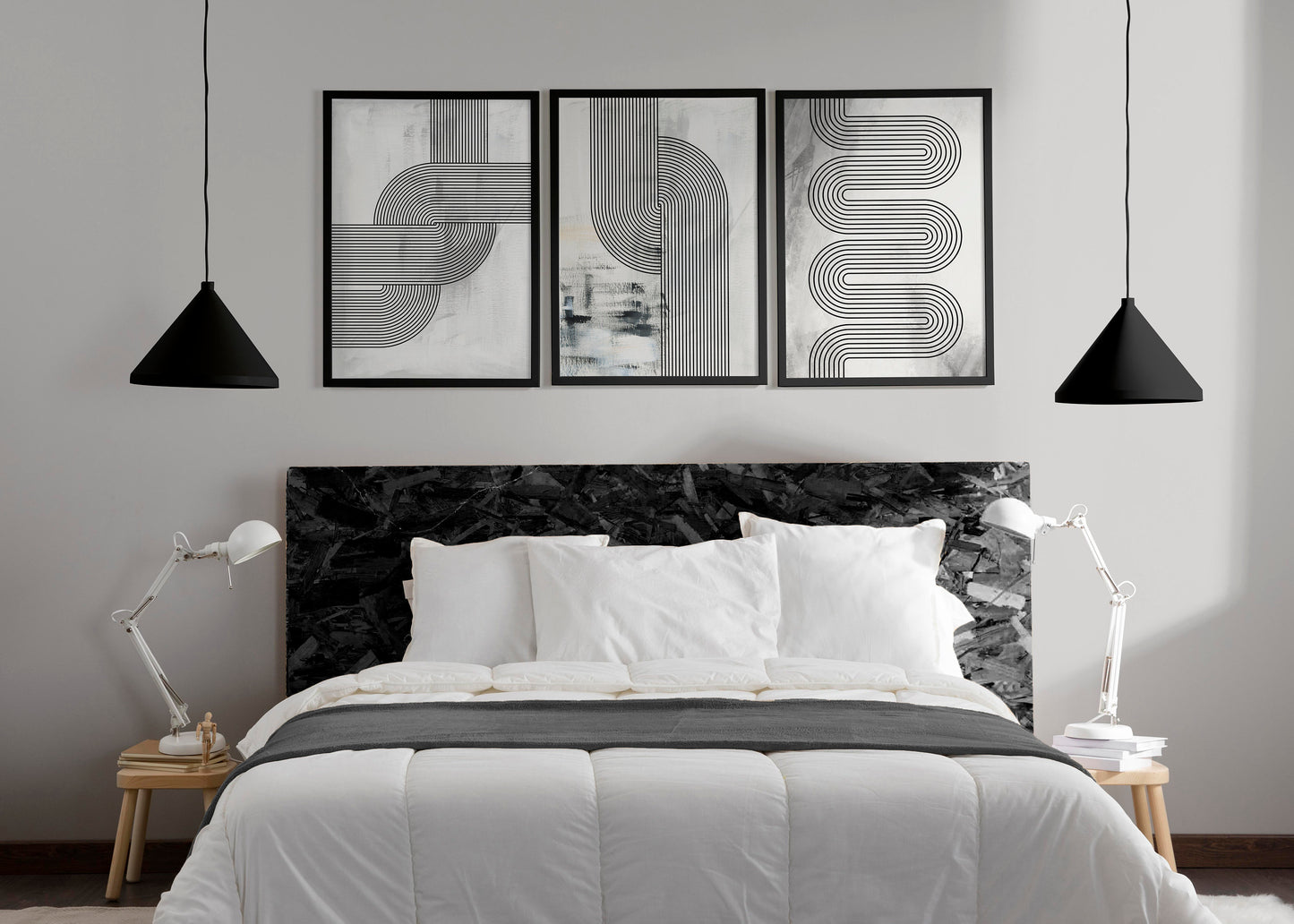 Set of 3 Grey & Black Retro Abstract Art