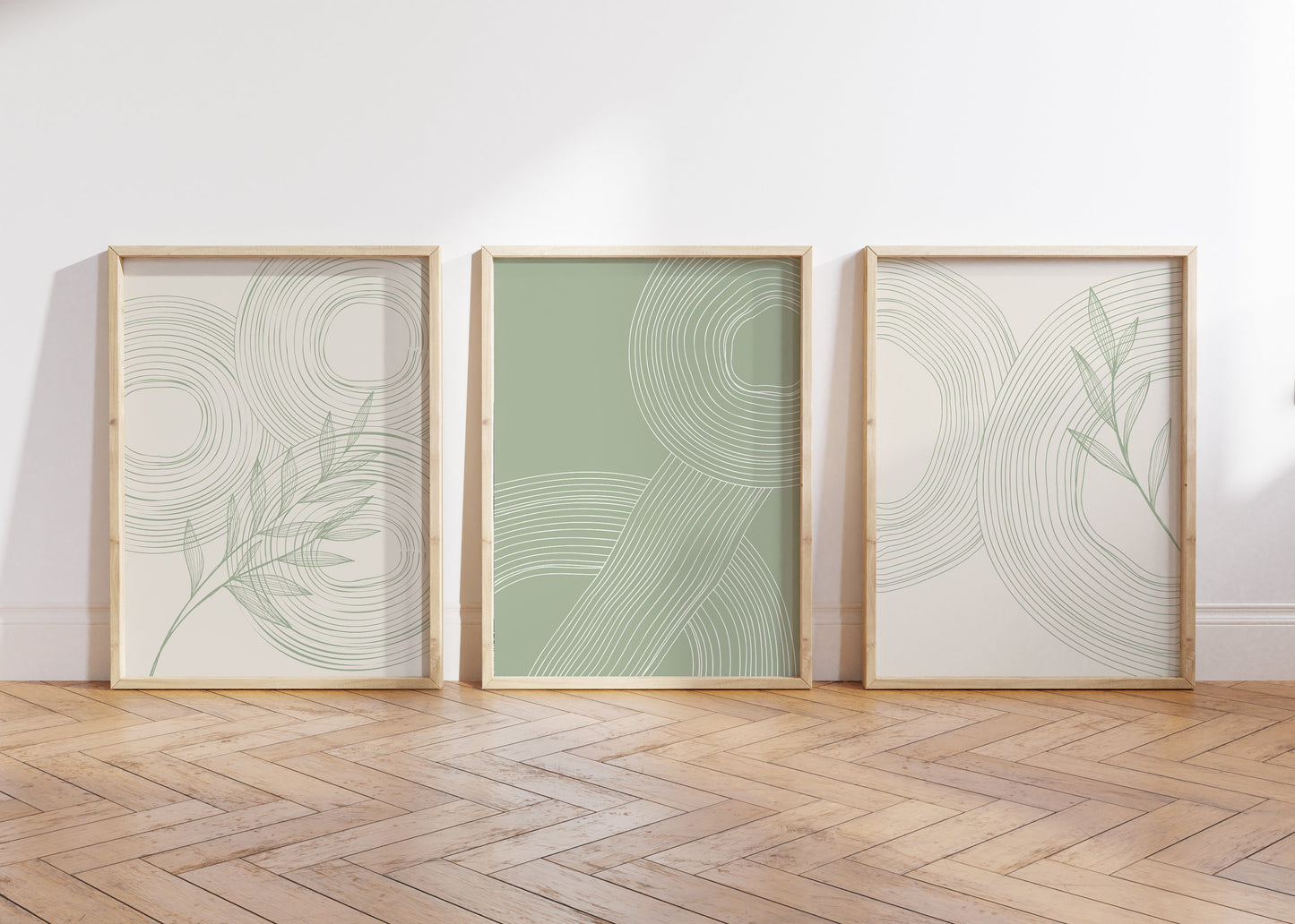 Set of 3 Circles Abstract Sage Green Wall Prints