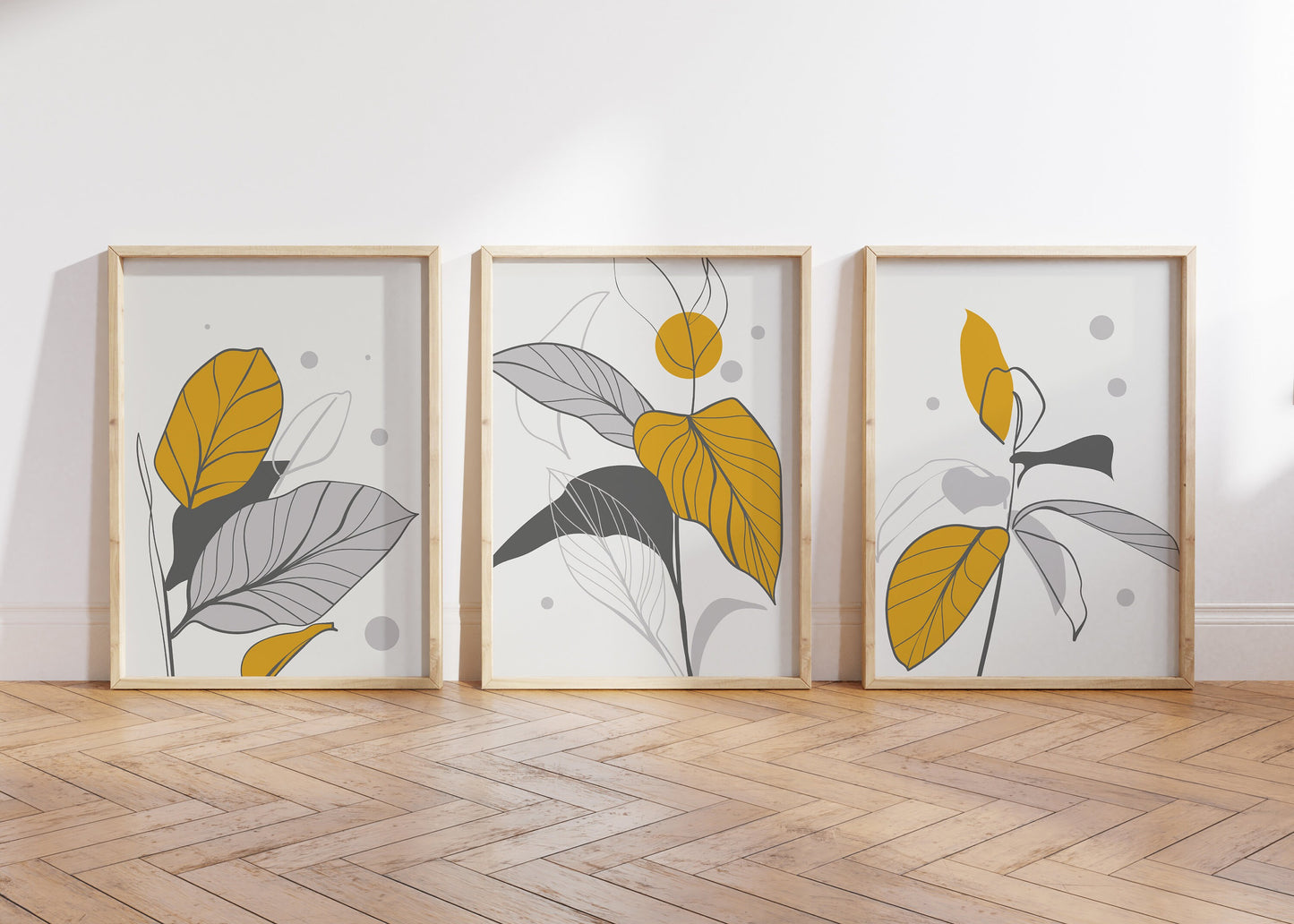 Set of 3 Mustard and Grey Botanical Wall Prints