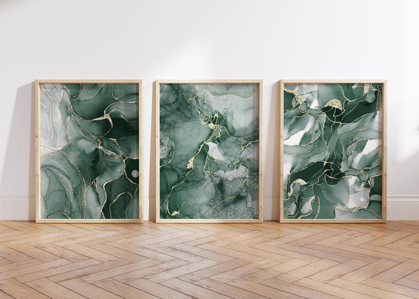 Set of 3 Green & Gold Marble Wall Art Prints
