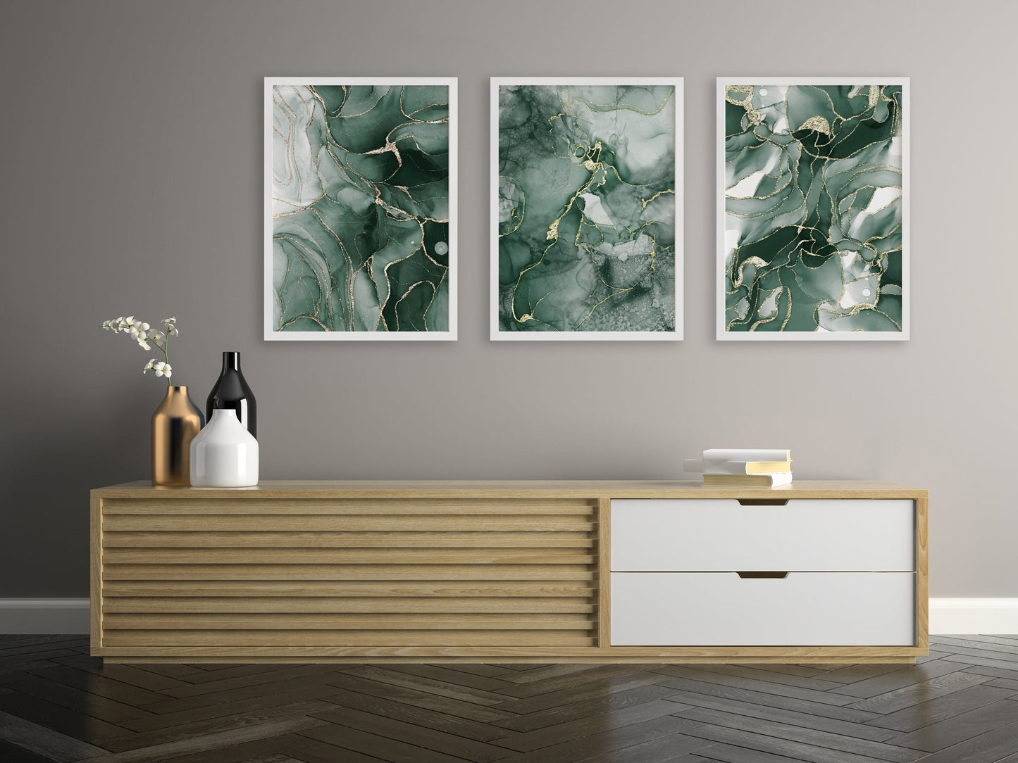 Set of 3 Green & Gold Marble Wall Art Prints