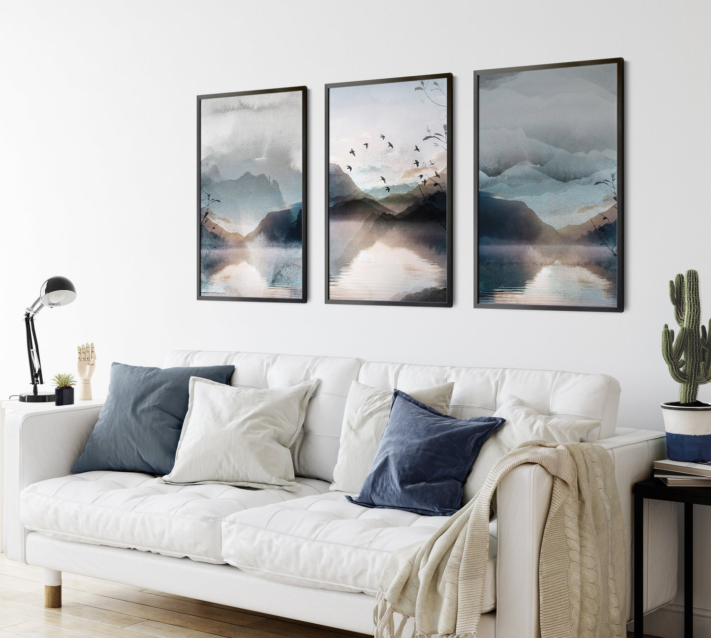 Set of 3 Blue Watercolour Landscape Abstract Wall Art Prints