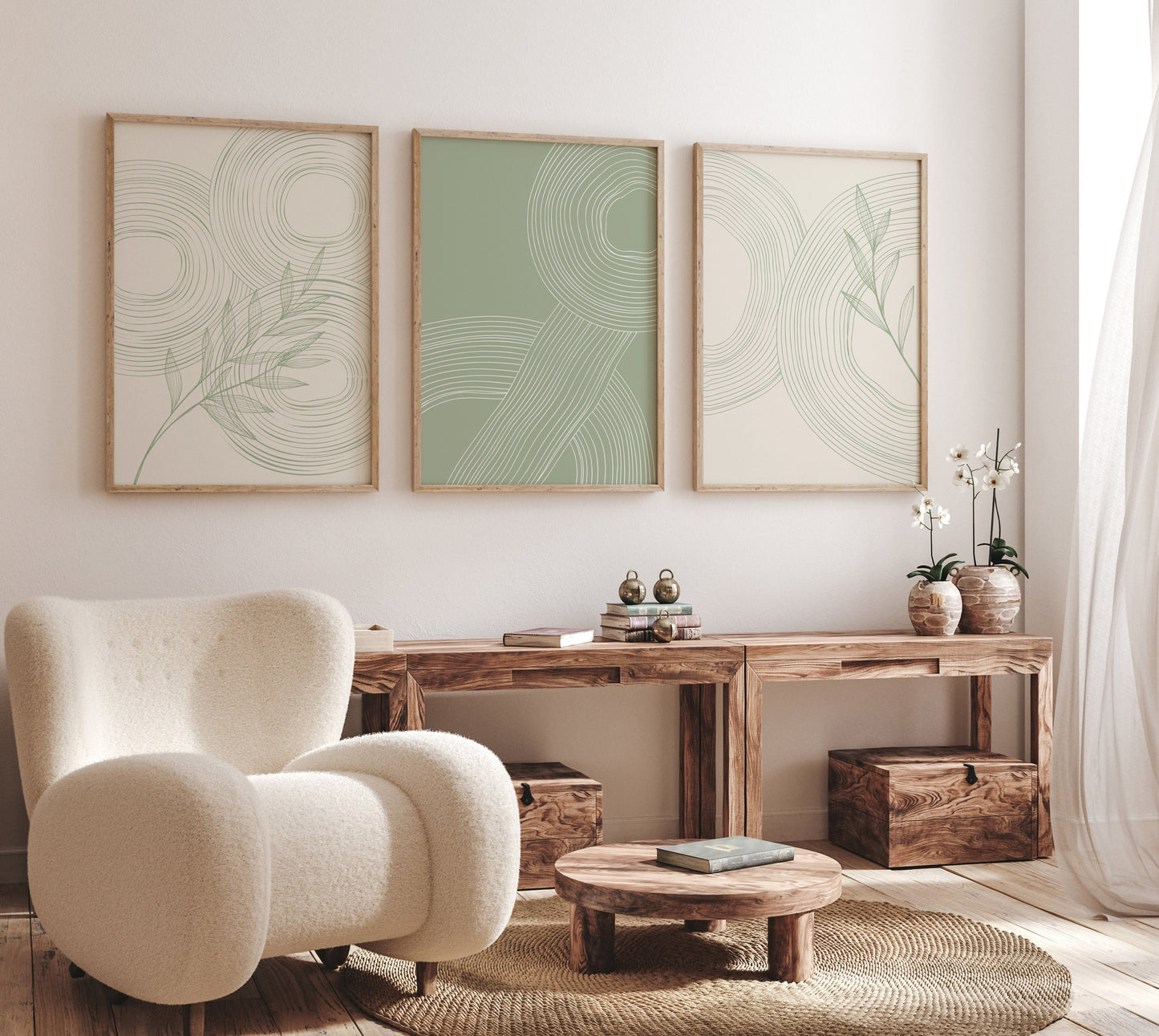 Set of 3 Circles Abstract Sage Green Wall Prints