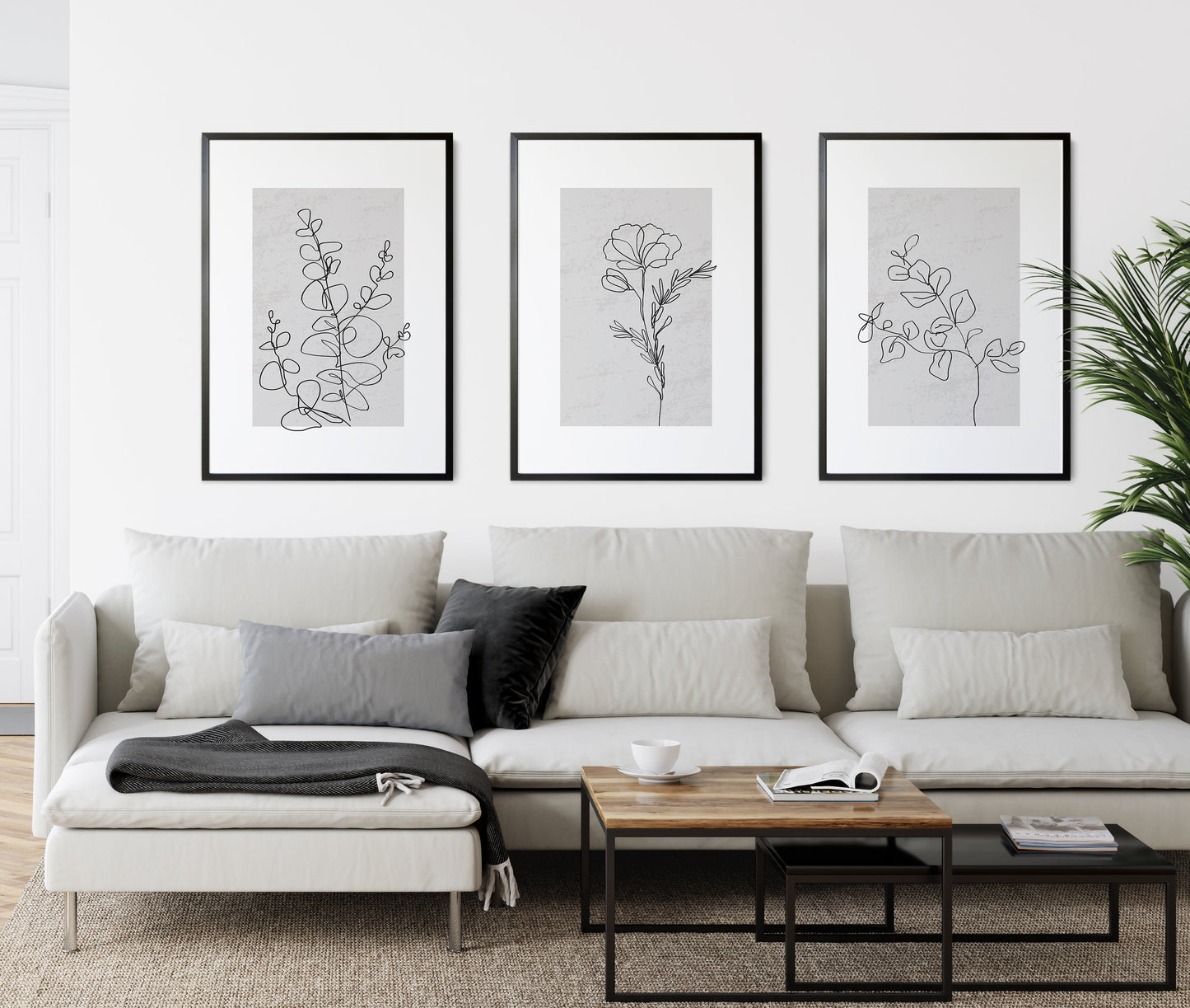 Set of 3 Grey Botanical Wall Art Prints