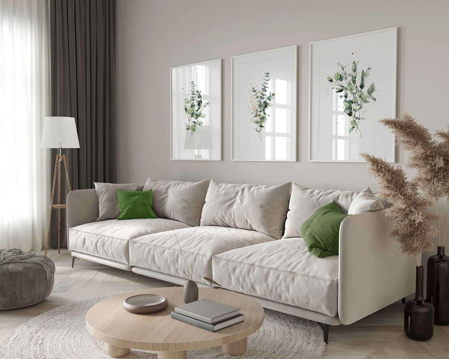 Set of 3 Eucalyptus Green & Gold Wall Prints